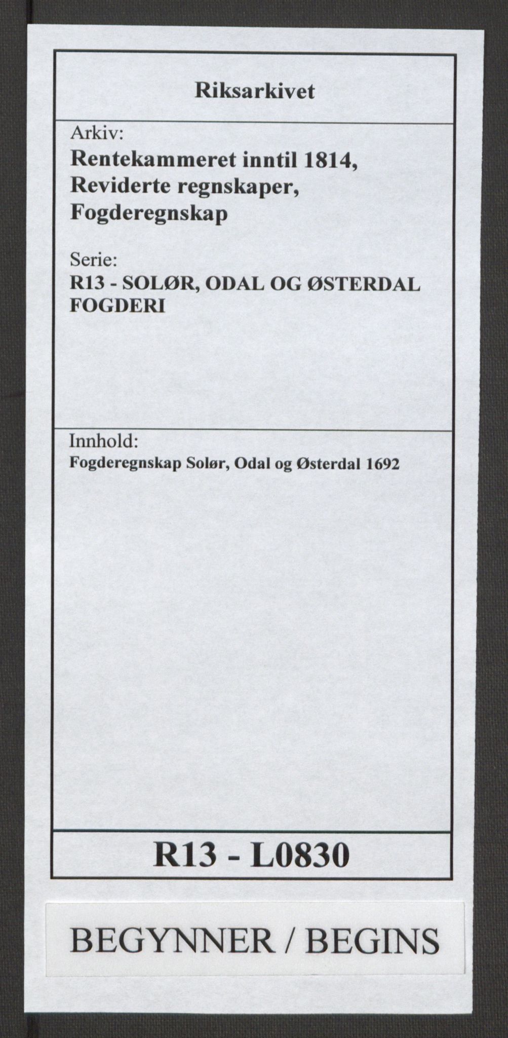 Rentekammeret inntil 1814, Reviderte regnskaper, Fogderegnskap, RA/EA-4092/R13/L0830: Fogderegnskap Solør, Odal og Østerdal, 1692, p. 1