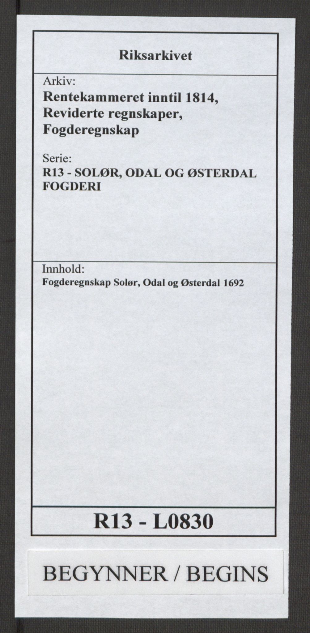 Rentekammeret inntil 1814, Reviderte regnskaper, Fogderegnskap, AV/RA-EA-4092/R13/L0830: Fogderegnskap Solør, Odal og Østerdal, 1692, p. 1