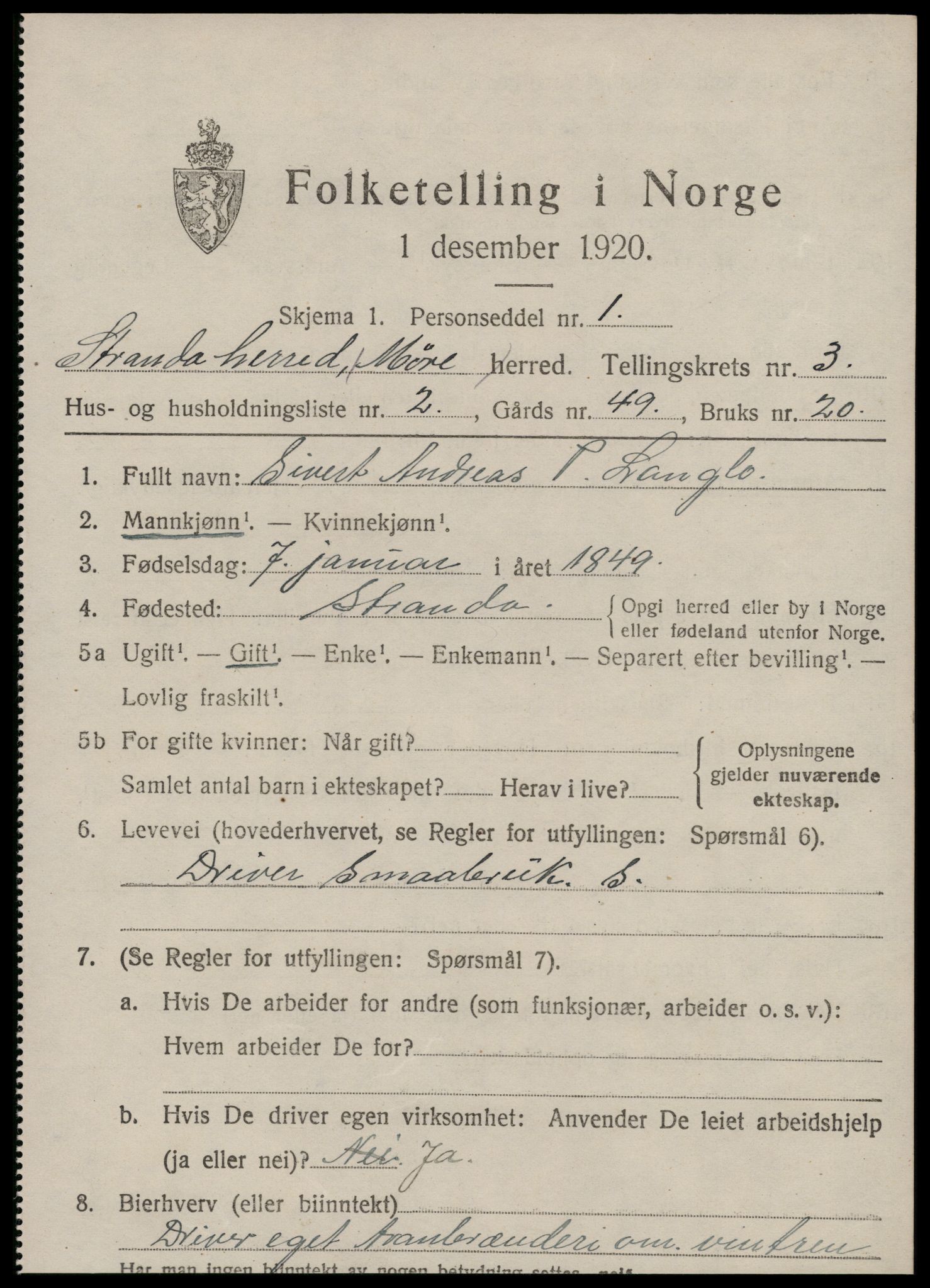 SAT, 1920 census for Stranda, 1920, p. 1593