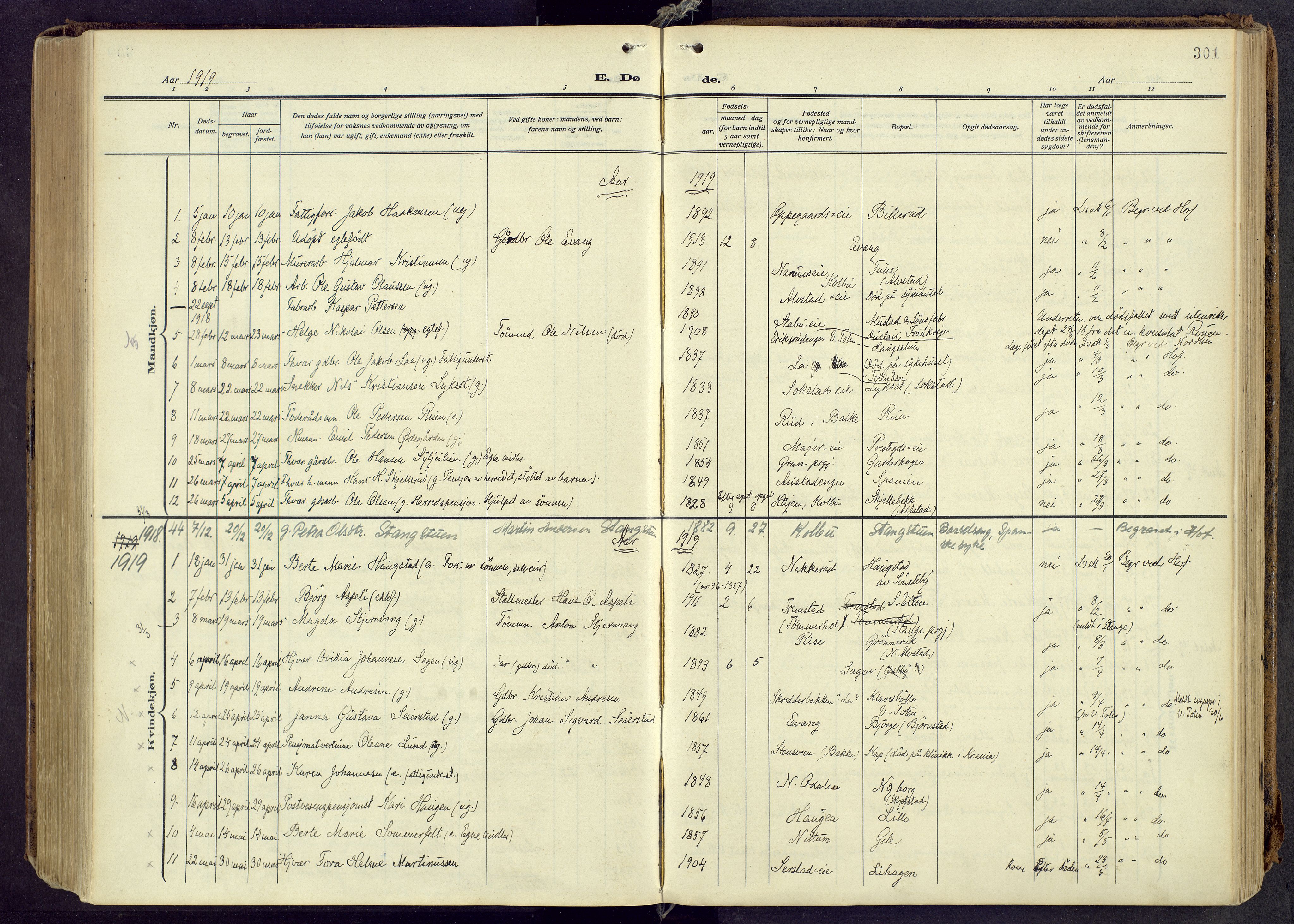 Østre Toten prestekontor, AV/SAH-PREST-104/H/Ha/Haa/L0010: Parish register (official) no. 10, 1910-1920, p. 301