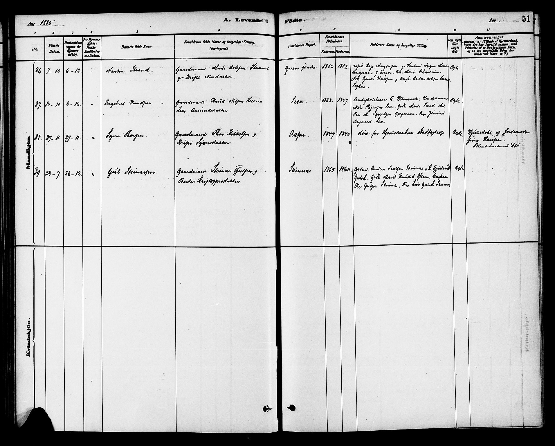 Krødsherad kirkebøker, AV/SAKO-A-19/G/Ga/L0001: Parish register (copy) no. 1, 1879-1893, p. 51