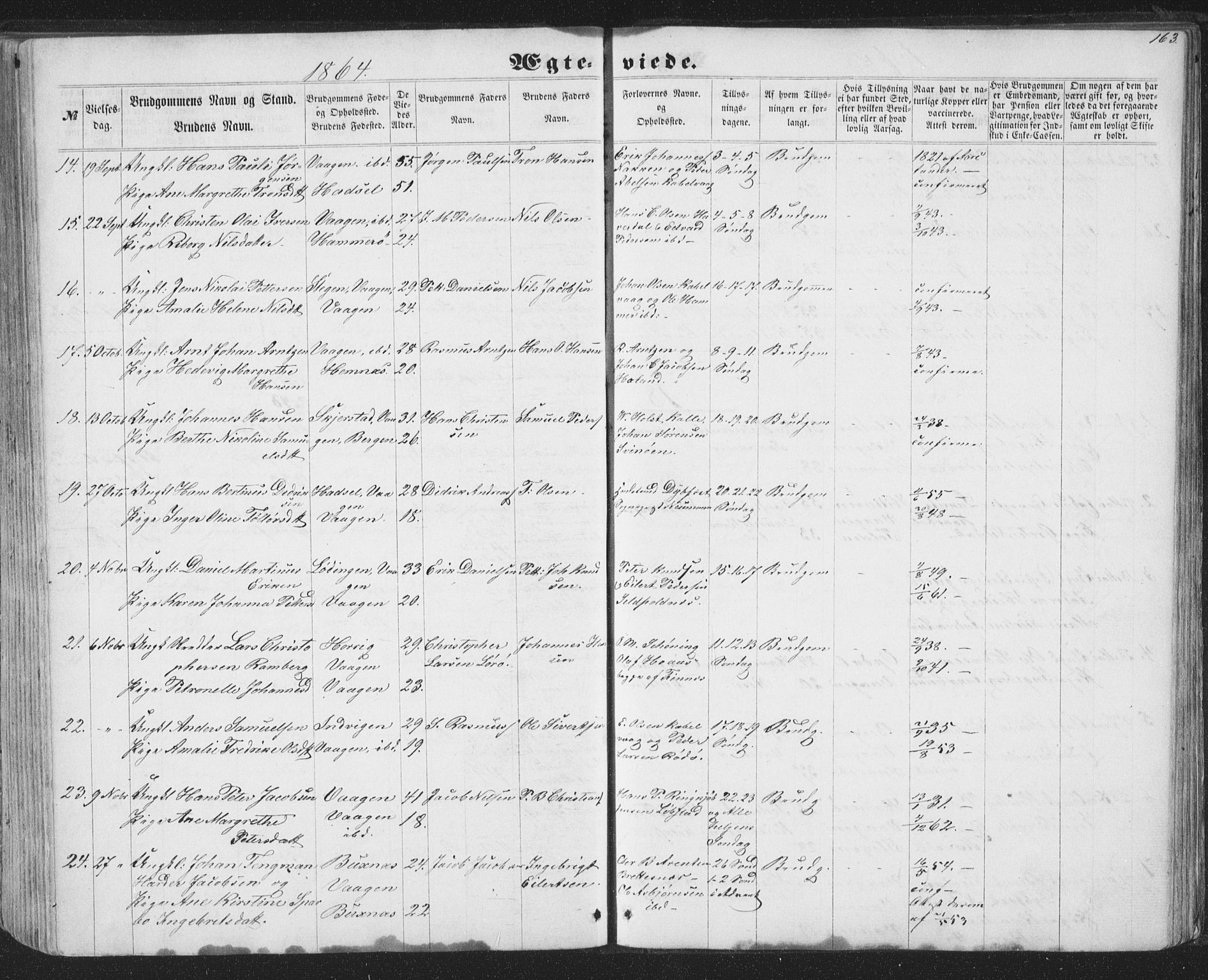 Ministerialprotokoller, klokkerbøker og fødselsregistre - Nordland, AV/SAT-A-1459/874/L1073: Parish register (copy) no. 874C02, 1860-1870, p. 163