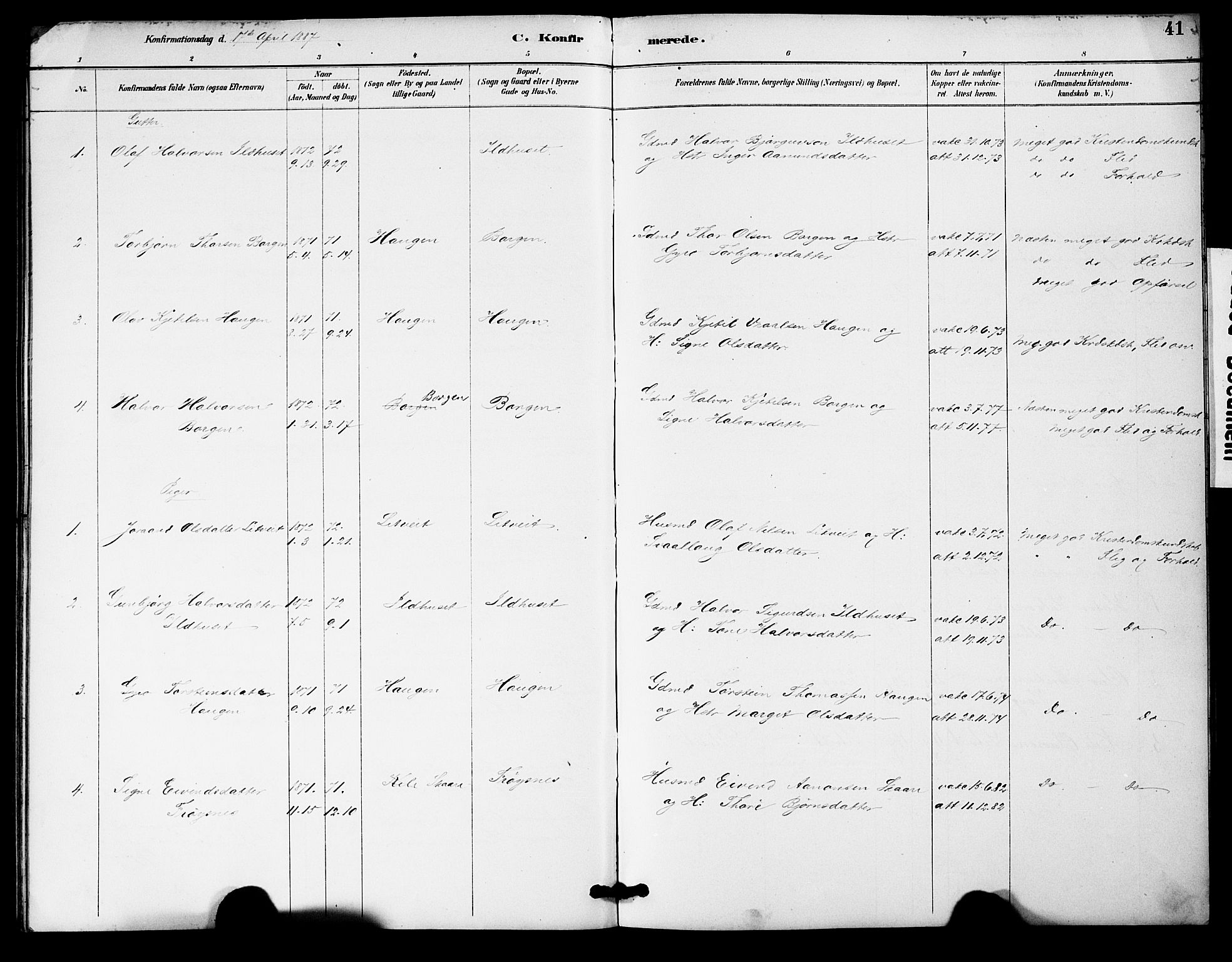Bygland sokneprestkontor, SAK/1111-0006/F/Fa/Fac/L0001: Parish register (official) no. A 1, 1885-1909, p. 41