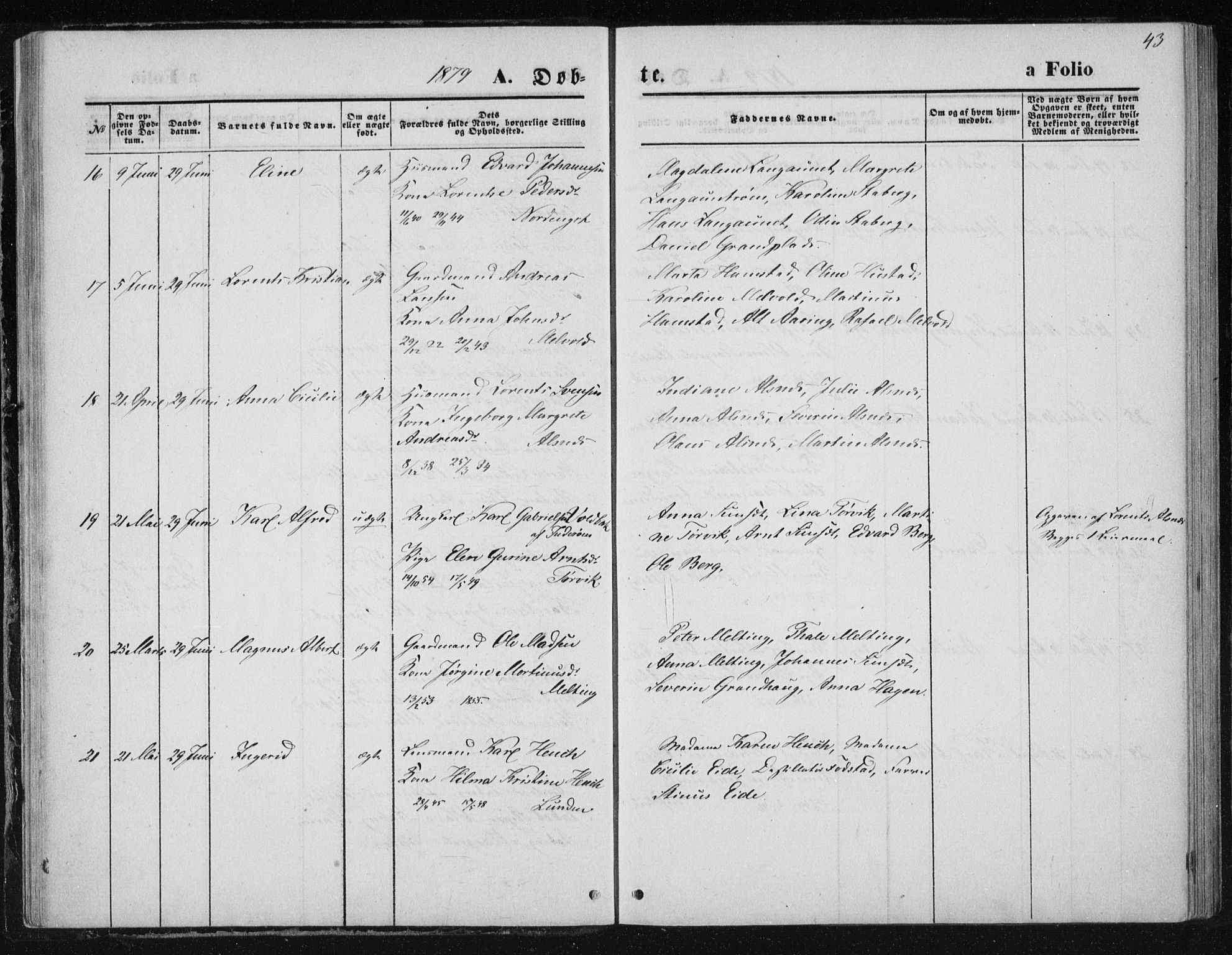 Ministerialprotokoller, klokkerbøker og fødselsregistre - Nord-Trøndelag, AV/SAT-A-1458/733/L0324: Parish register (official) no. 733A03, 1870-1883, p. 43