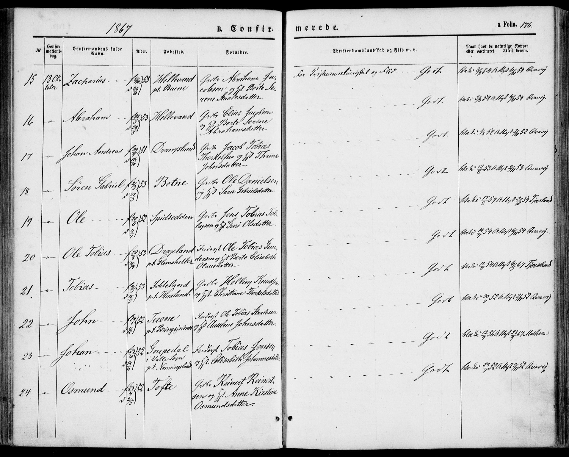 Lyngdal sokneprestkontor, AV/SAK-1111-0029/F/Fa/Fac/L0010: Parish register (official) no. A 10, 1865-1878, p. 176