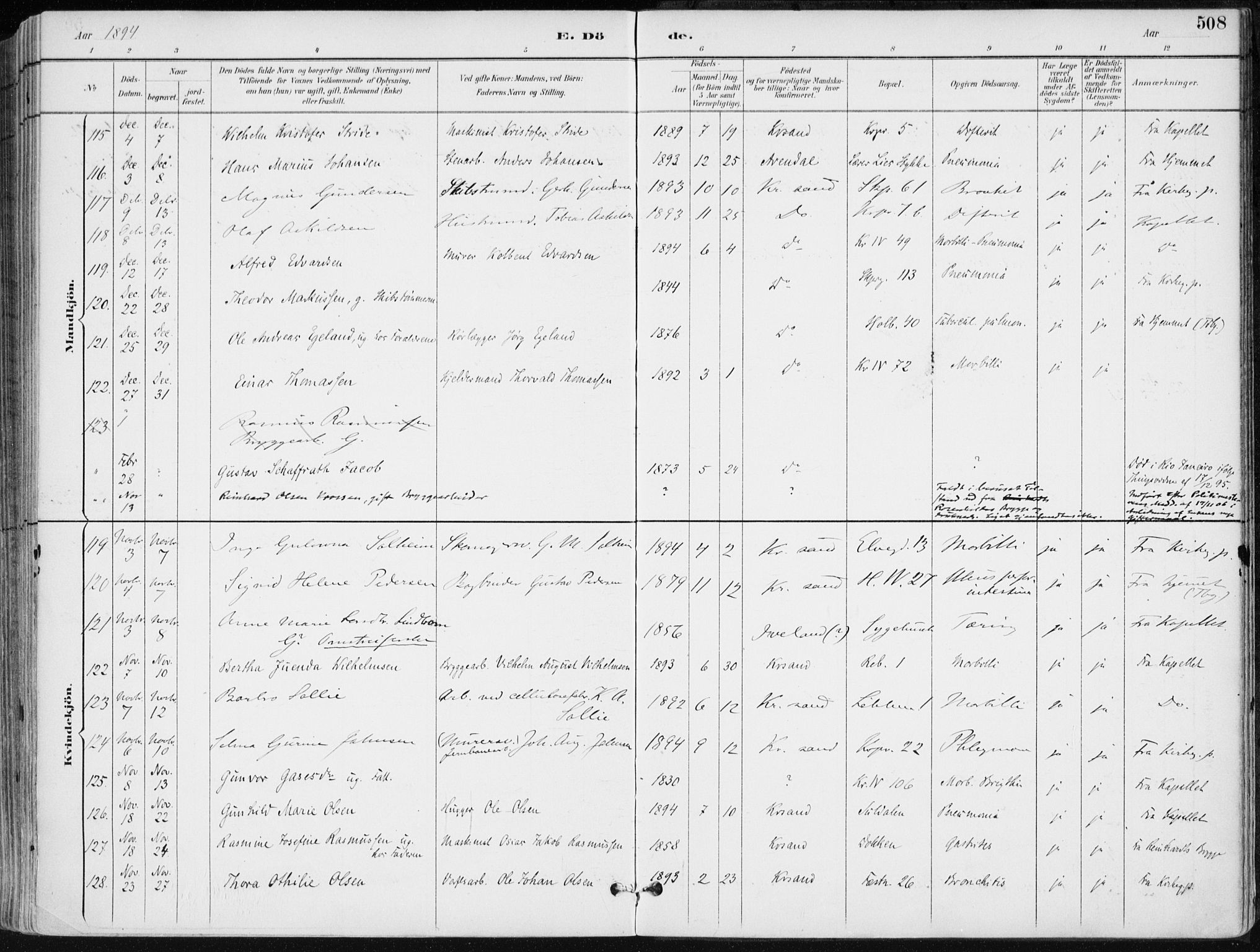 Kristiansand domprosti, SAK/1112-0006/F/Fa/L0019: Parish register (official) no. A 18, 1890-1897, p. 508