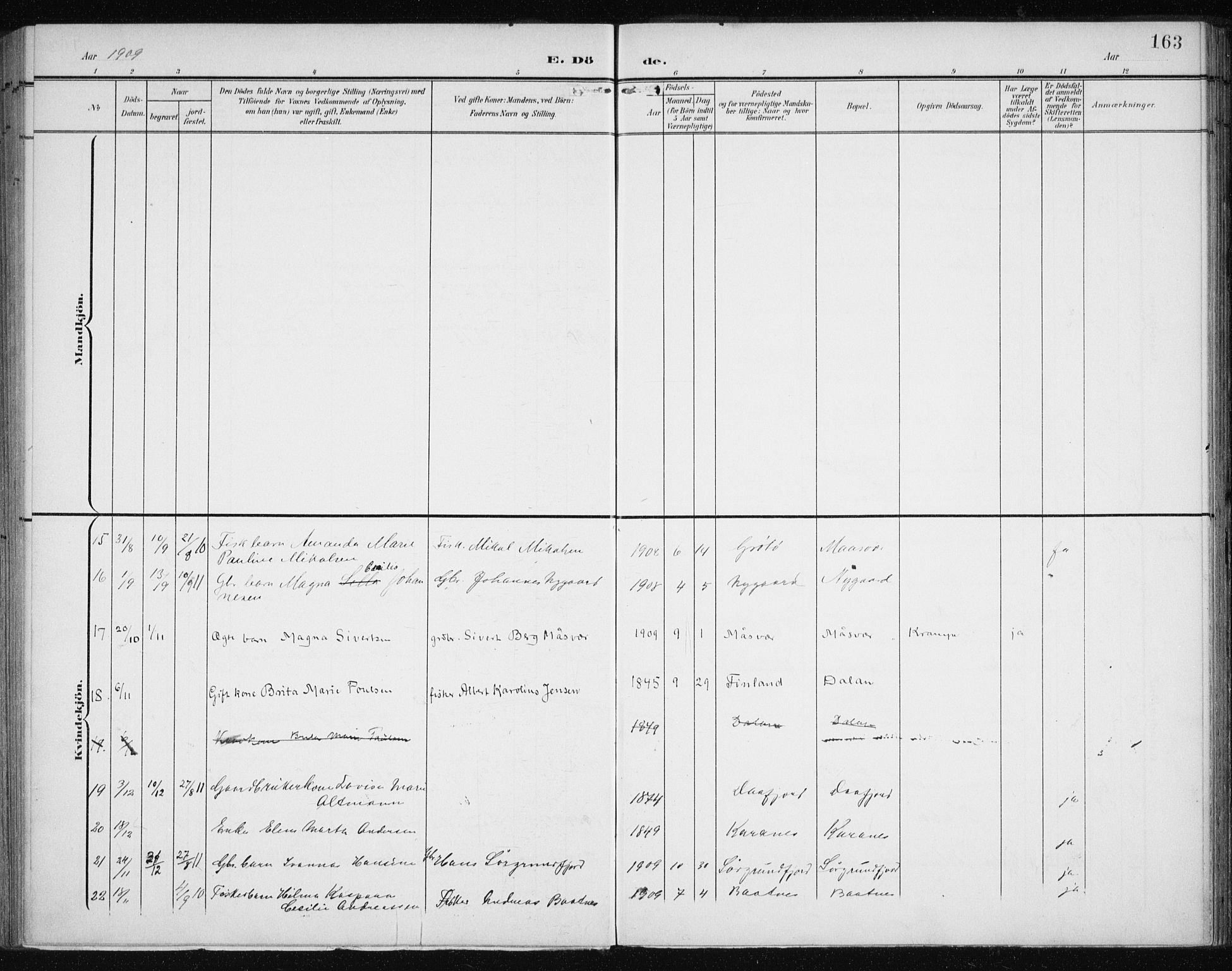 Karlsøy sokneprestembete, AV/SATØ-S-1299/H/Ha/Haa/L0013kirke: Parish register (official) no. 13, 1902-1916, p. 163