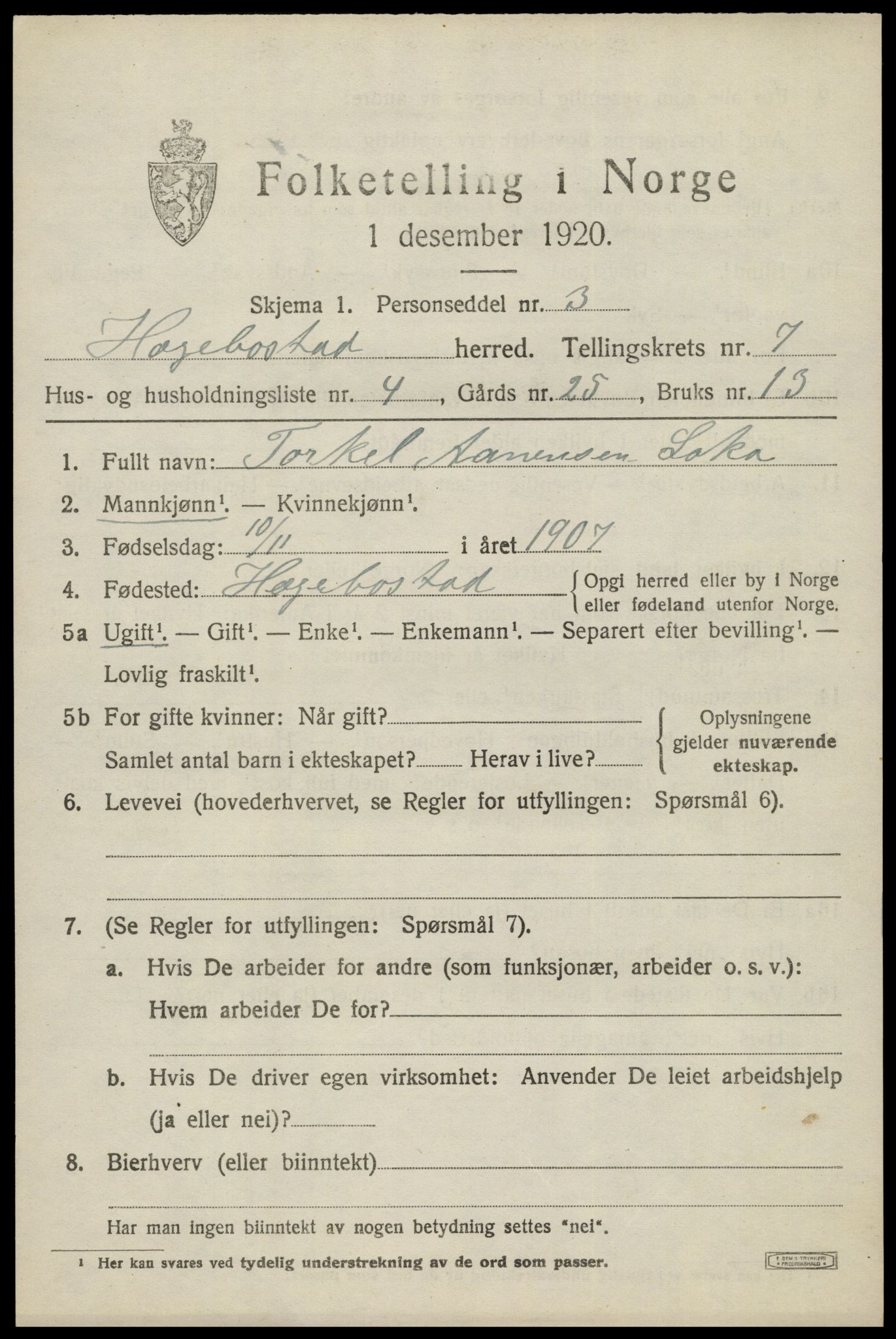 SAK, 1920 census for Hægebostad, 1920, p. 2133