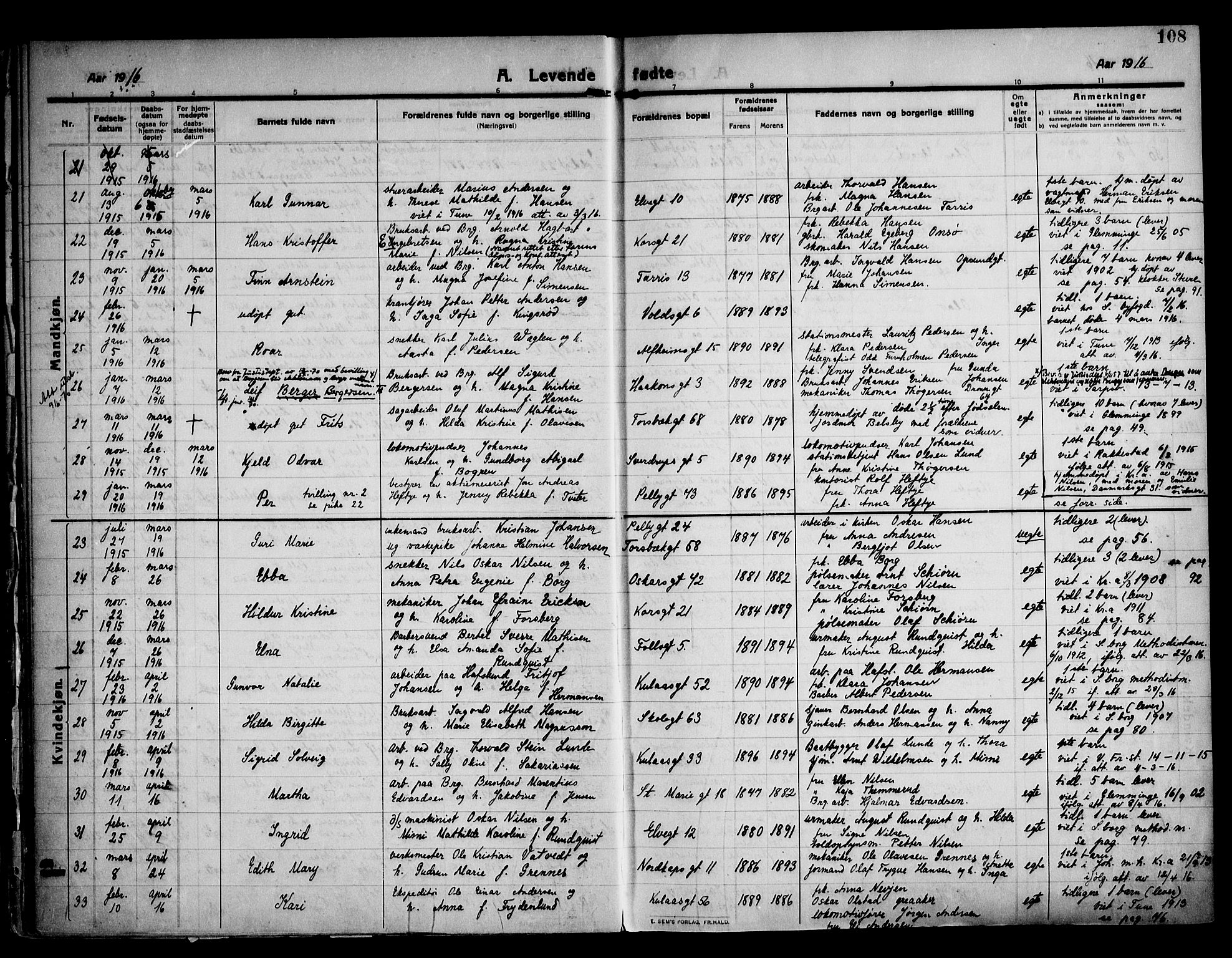 Sarpsborg prestekontor Kirkebøker, AV/SAO-A-2006/F/Fa/L0008: Parish register (official) no. 8, 1910-1920, p. 108