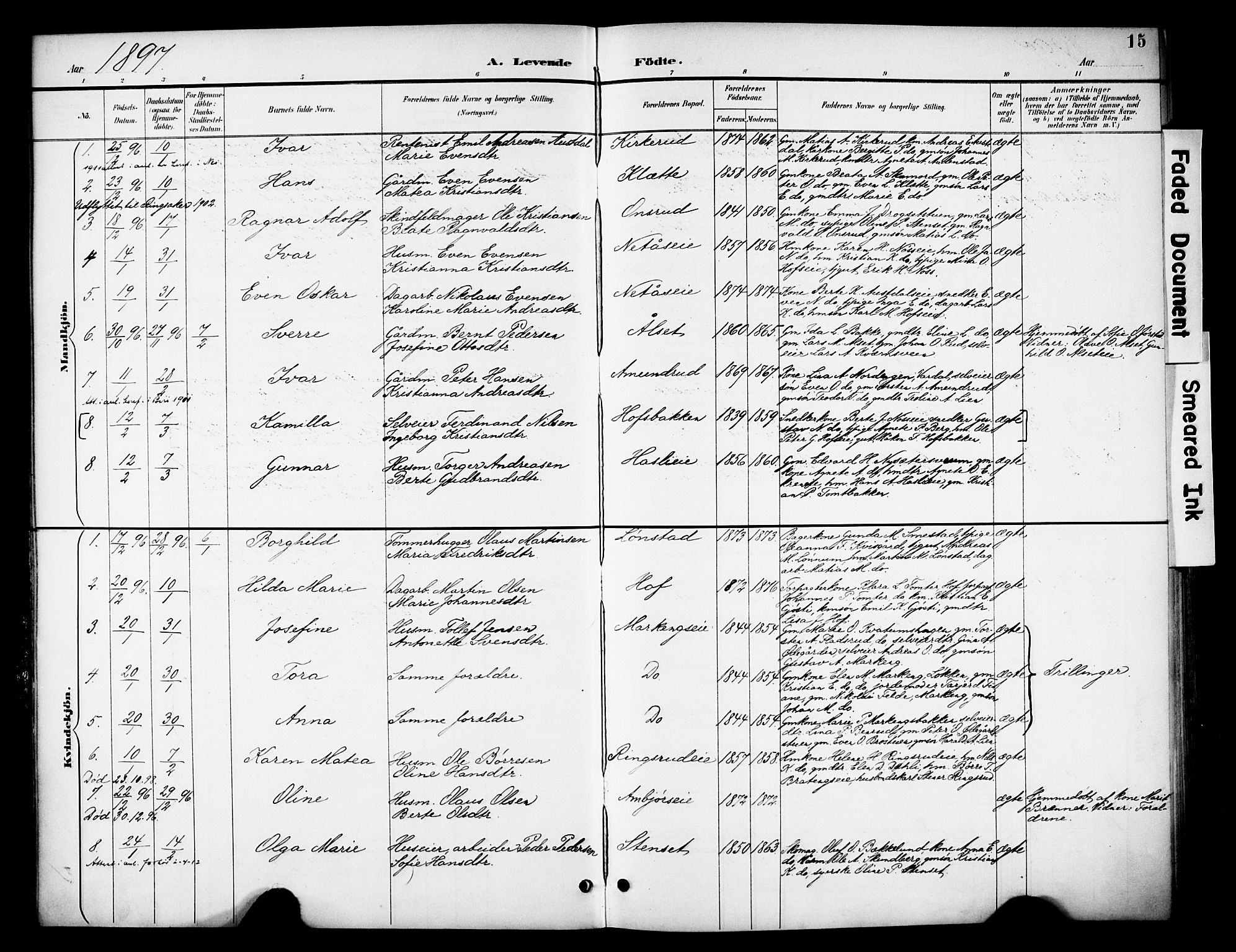 Biri prestekontor, SAH/PREST-096/H/Ha/Haa/L0008: Parish register (official) no. 8, 1894-1901, p. 15