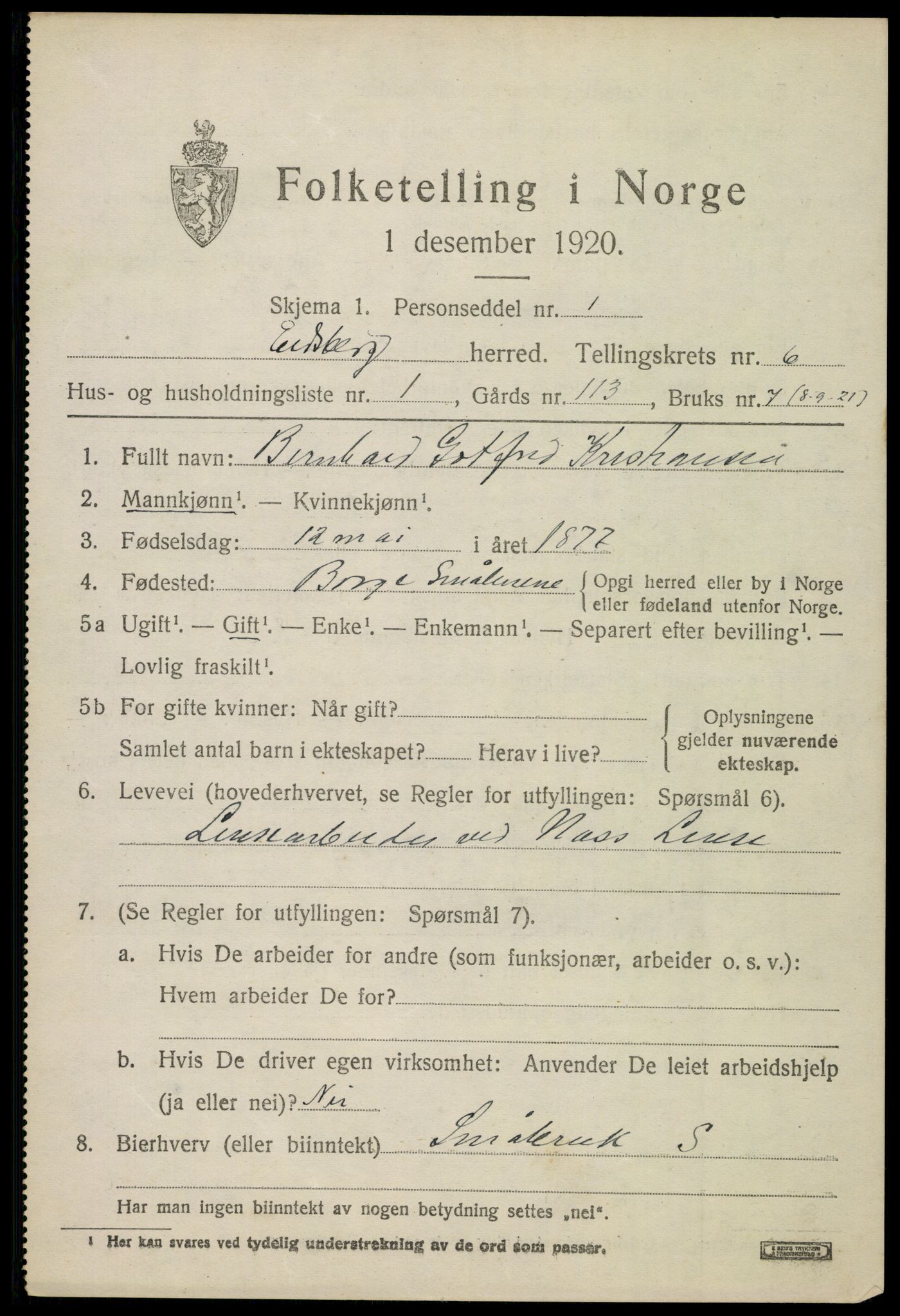 SAO, 1920 census for Eidsberg, 1920, p. 7481