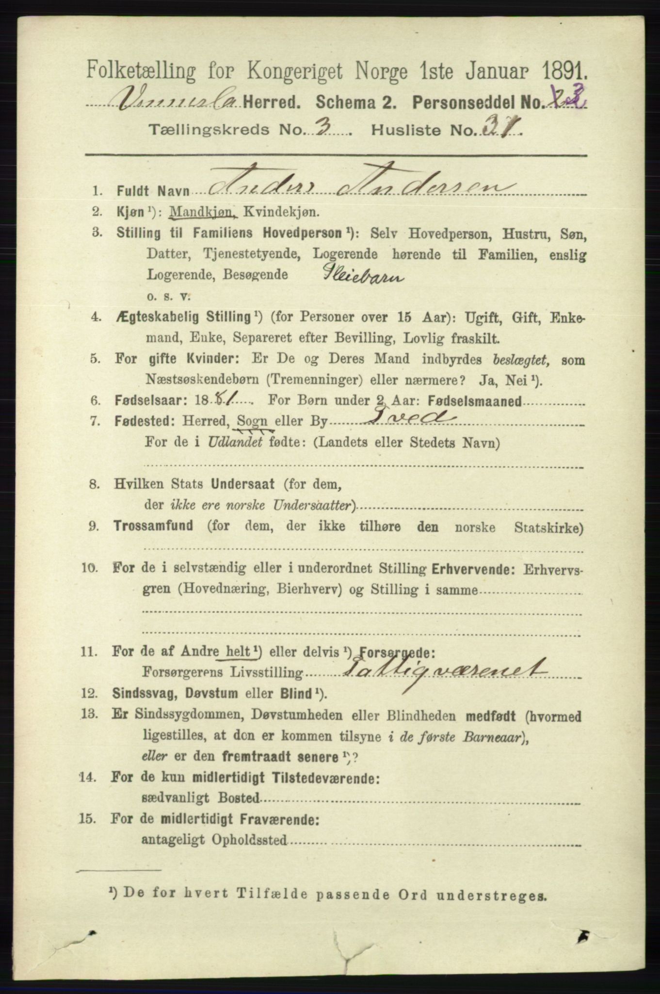 RA, 1891 census for 1014 Vennesla, 1891, p. 833