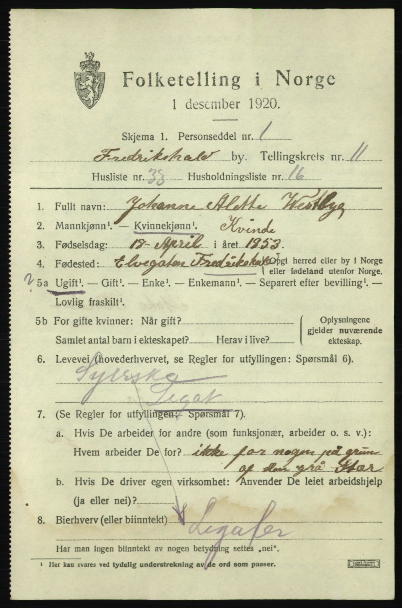 SAO, 1920 census for Fredrikshald, 1920, p. 19753