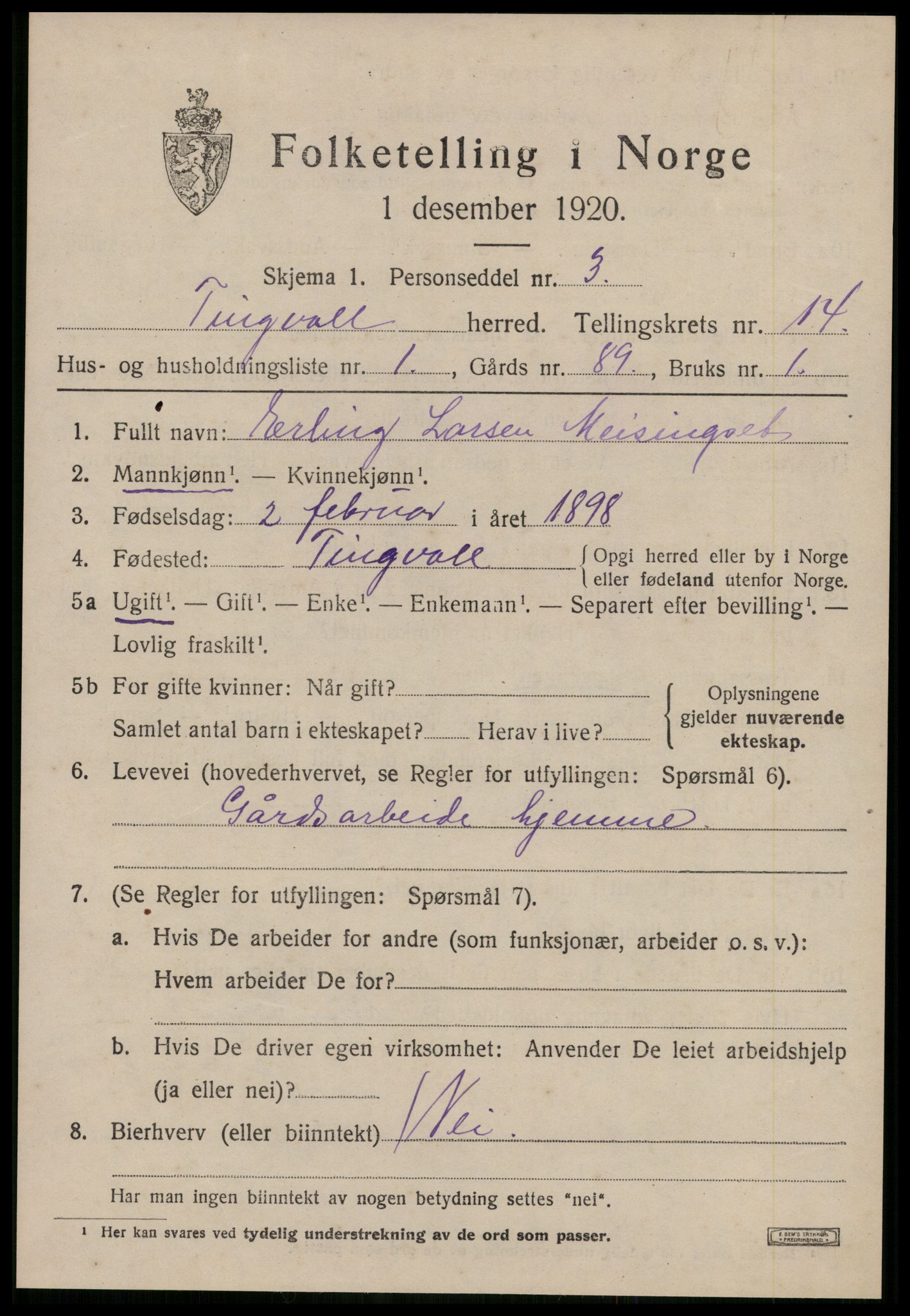 SAT, 1920 census for Tingvoll, 1920, p. 6980