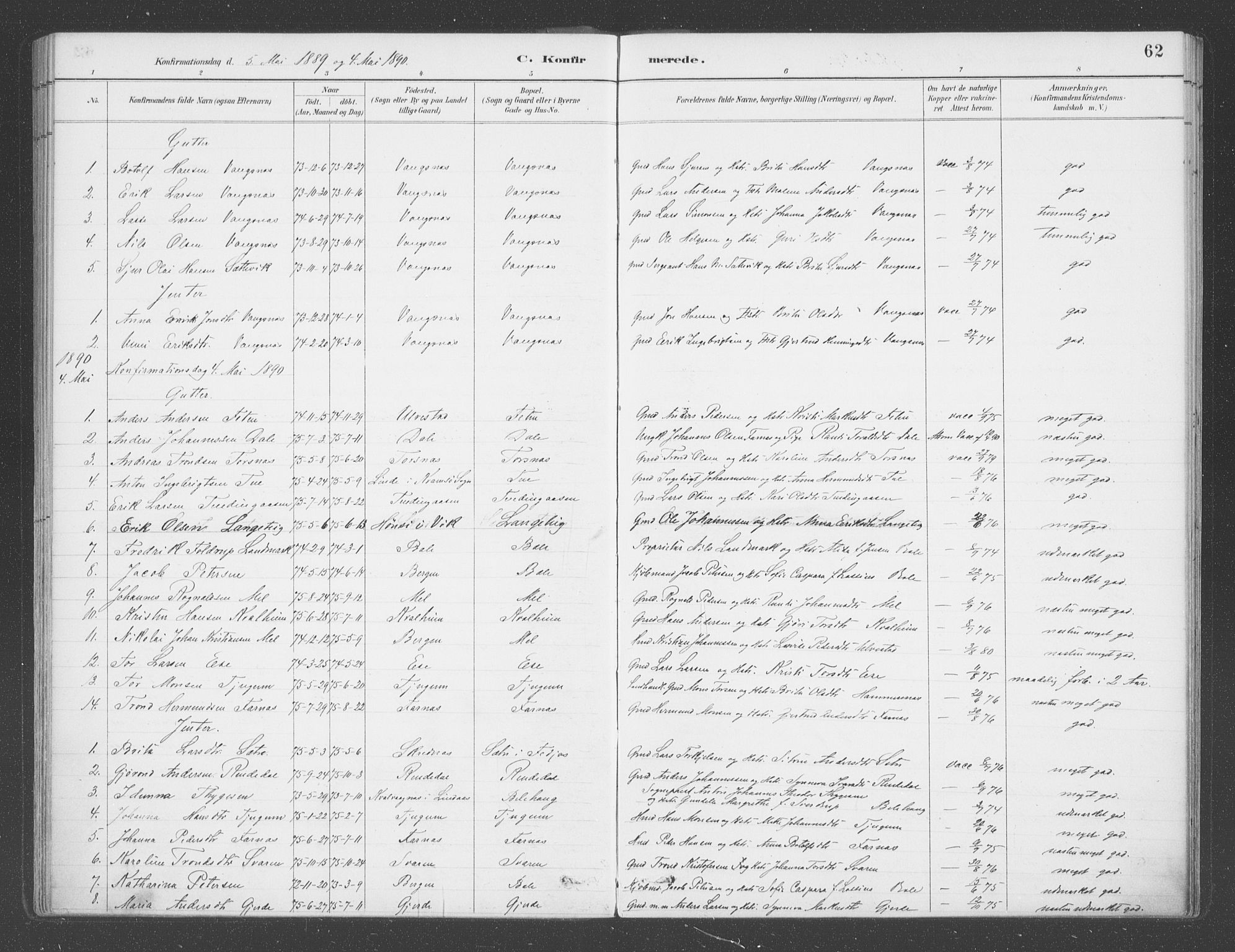 Balestrand sokneprestembete, SAB/A-79601/H/Haa/Haab/L0001: Parish register (official) no. B  1, 1889-1910, p. 62