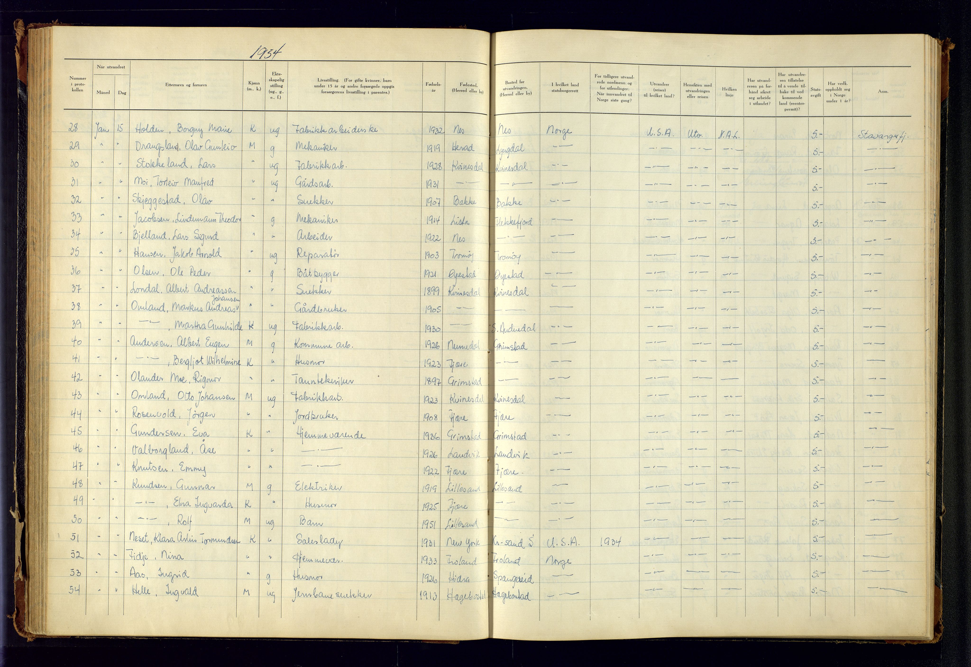 Kristiansand politikammer, AV/SAK-1243-0004/K/Kb/L0249: Emigrantprotokoll, 1951-1961, p. 70