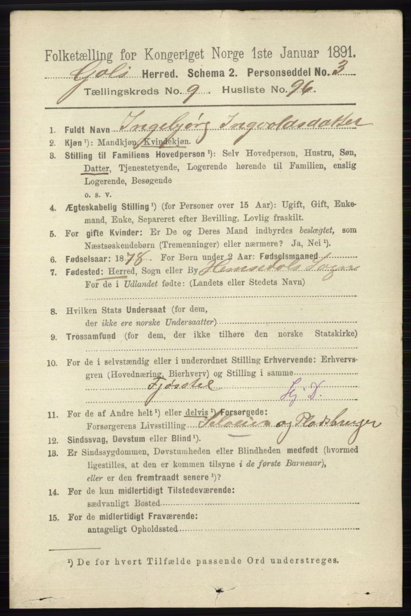 RA, 1891 census for 0617 Gol og Hemsedal, 1891, p. 3975