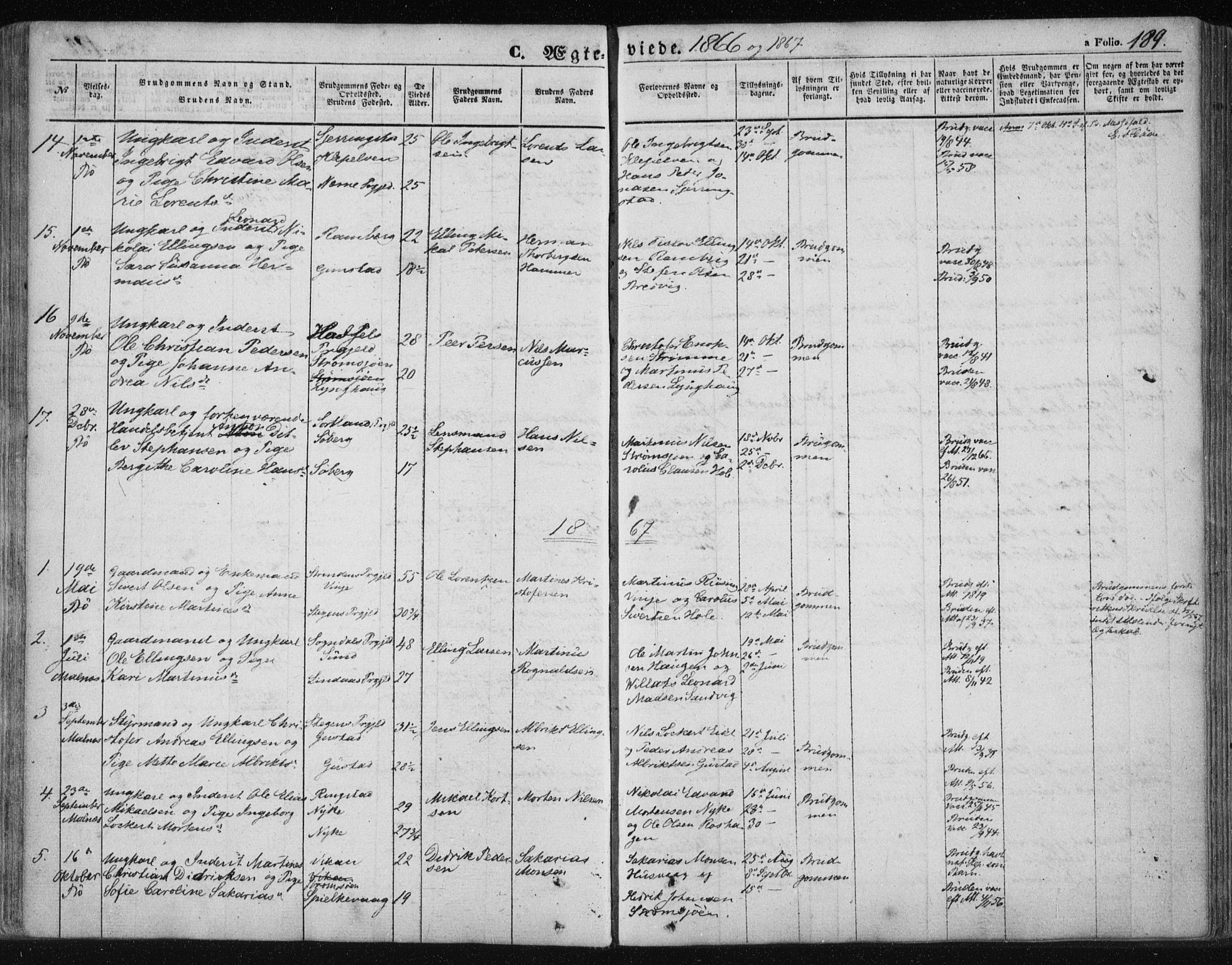 Ministerialprotokoller, klokkerbøker og fødselsregistre - Nordland, SAT/A-1459/891/L1300: Parish register (official) no. 891A05, 1856-1870, p. 189