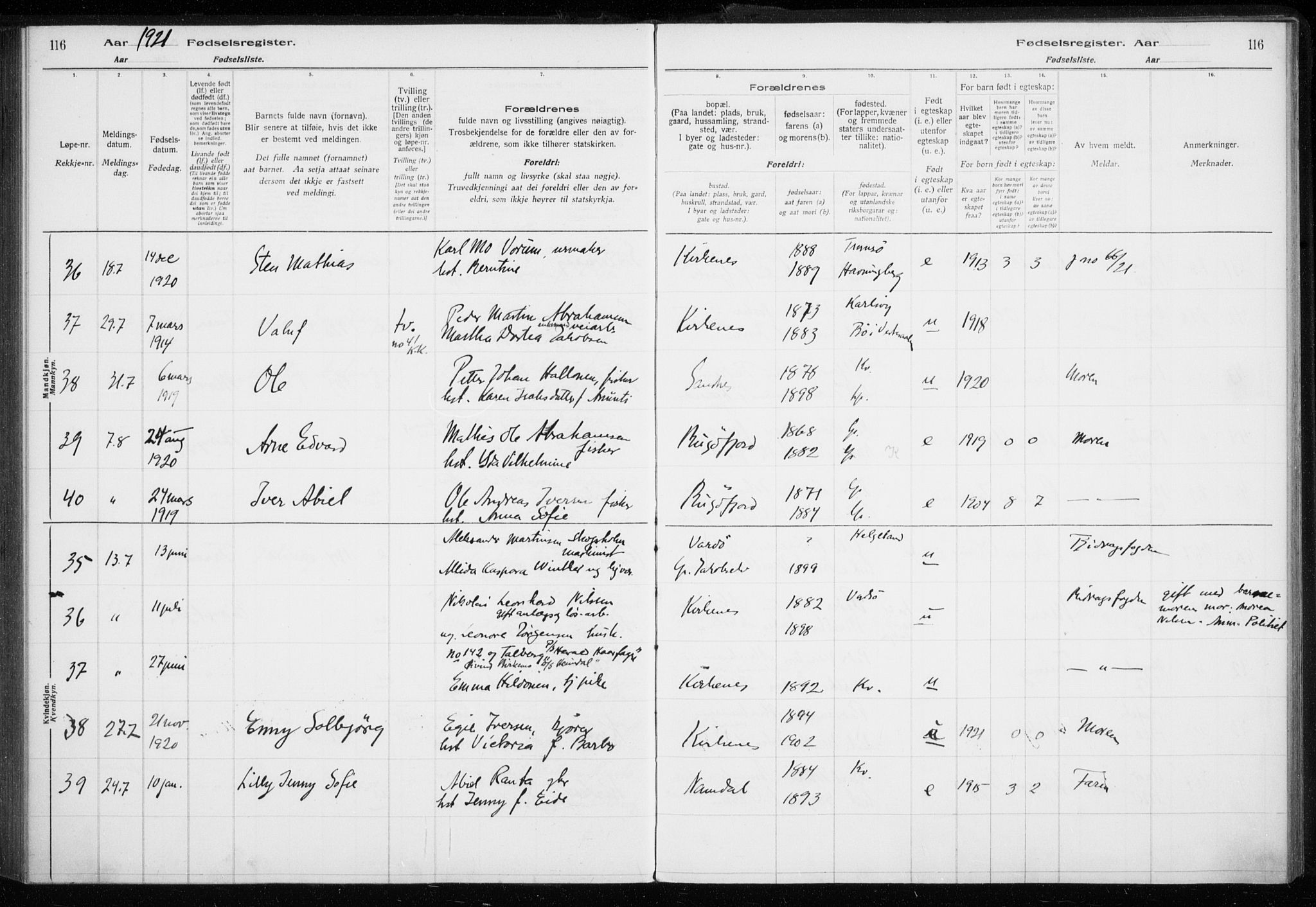 Sør-Varanger sokneprestkontor, AV/SATØ-S-1331/I/Ia/L0016: Birth register no. 16, 1915-1925, p. 116