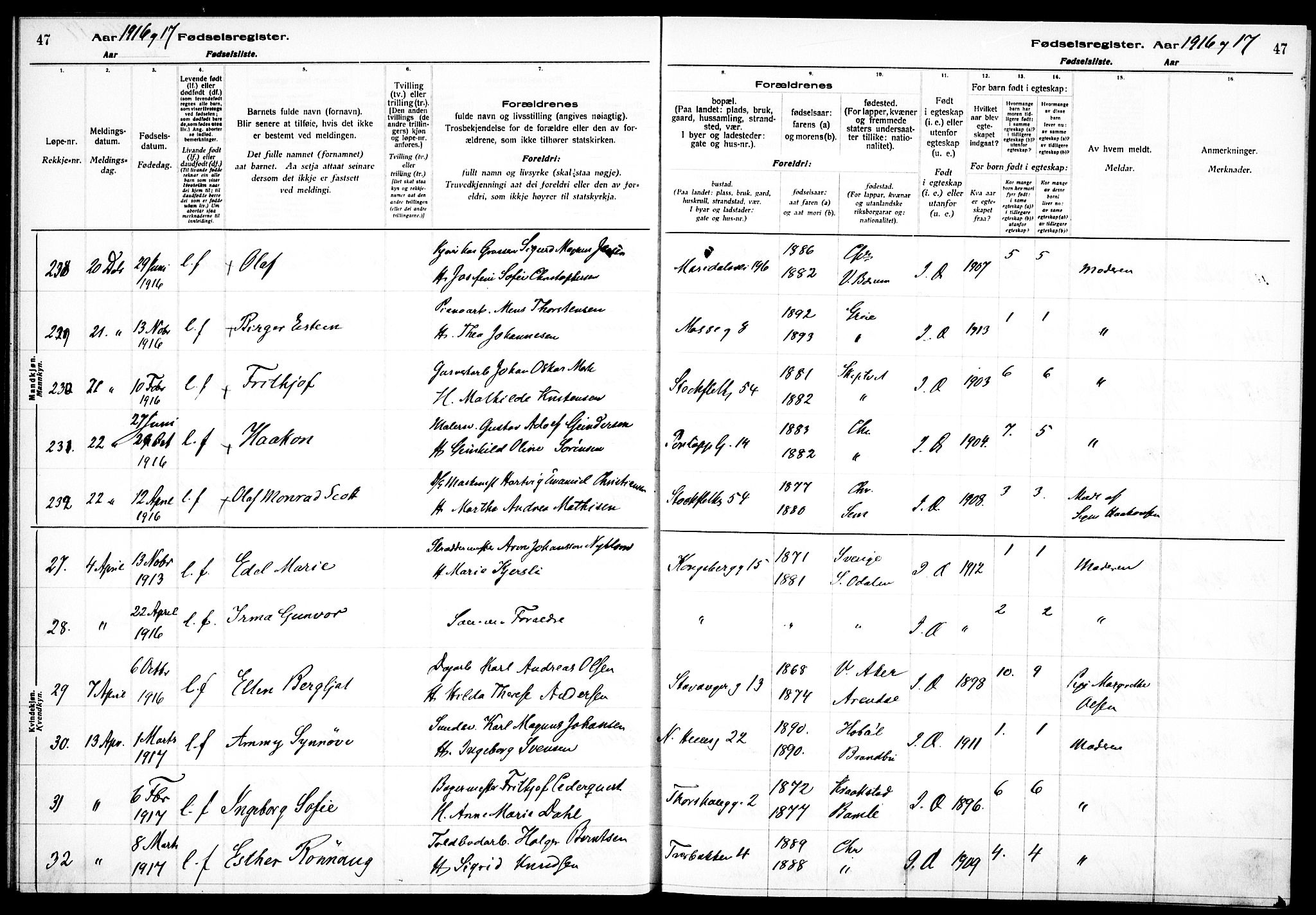 Sagene prestekontor Kirkebøker, AV/SAO-A-10796/J/L0001: Birth register no. 1, 1916-1920, p. 47