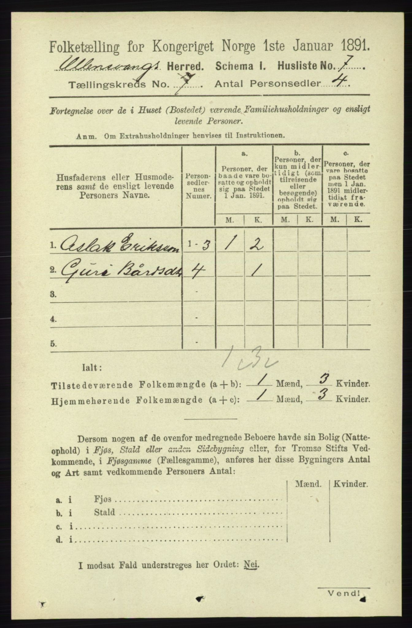 RA, 1891 census for 1230 Ullensvang, 1891, p. 2309