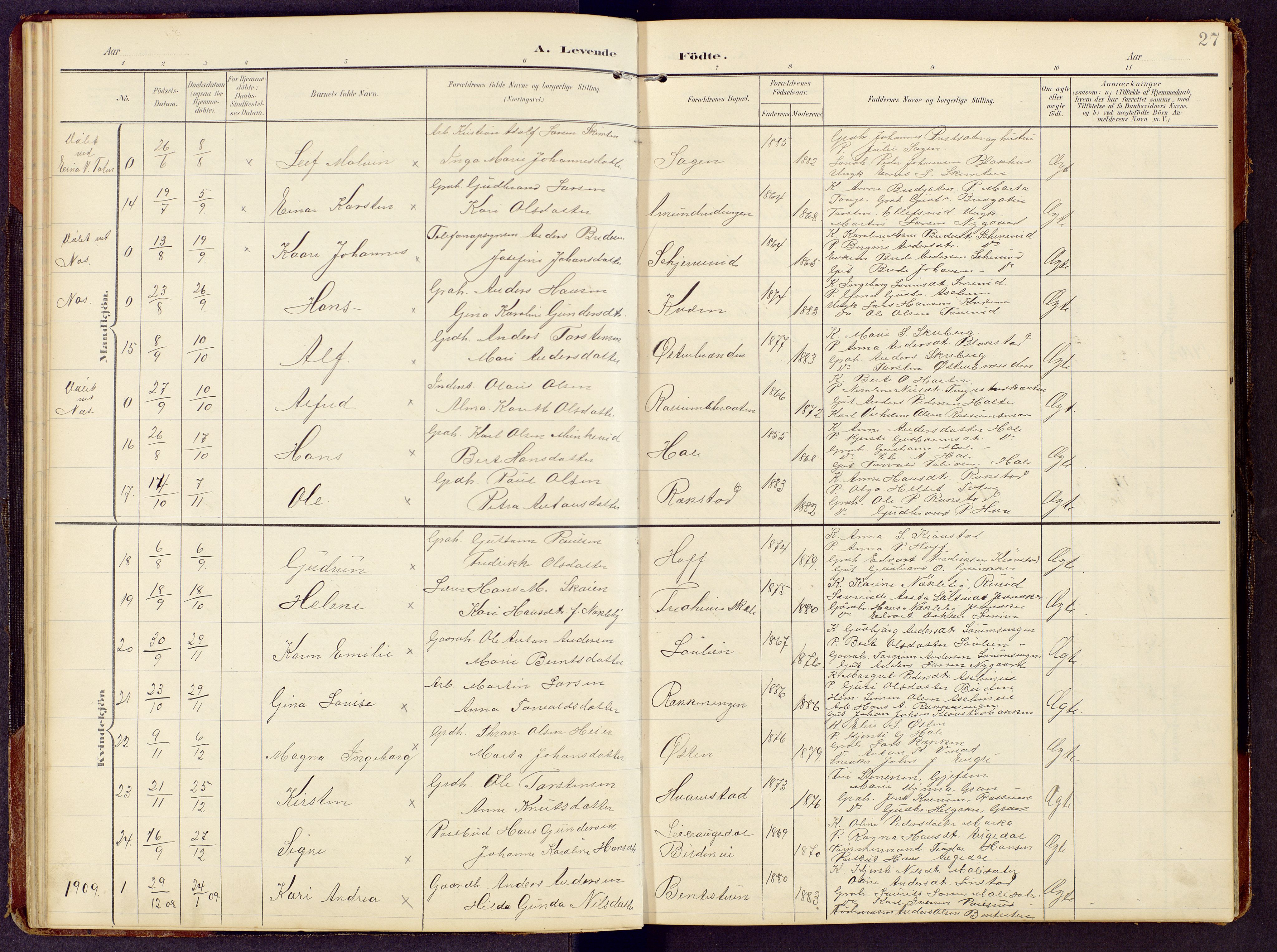 Brandbu prestekontor, SAH/PREST-114/H/Ha/Hab/L0009: Parish register (copy) no. 9, 1903-1916, p. 27