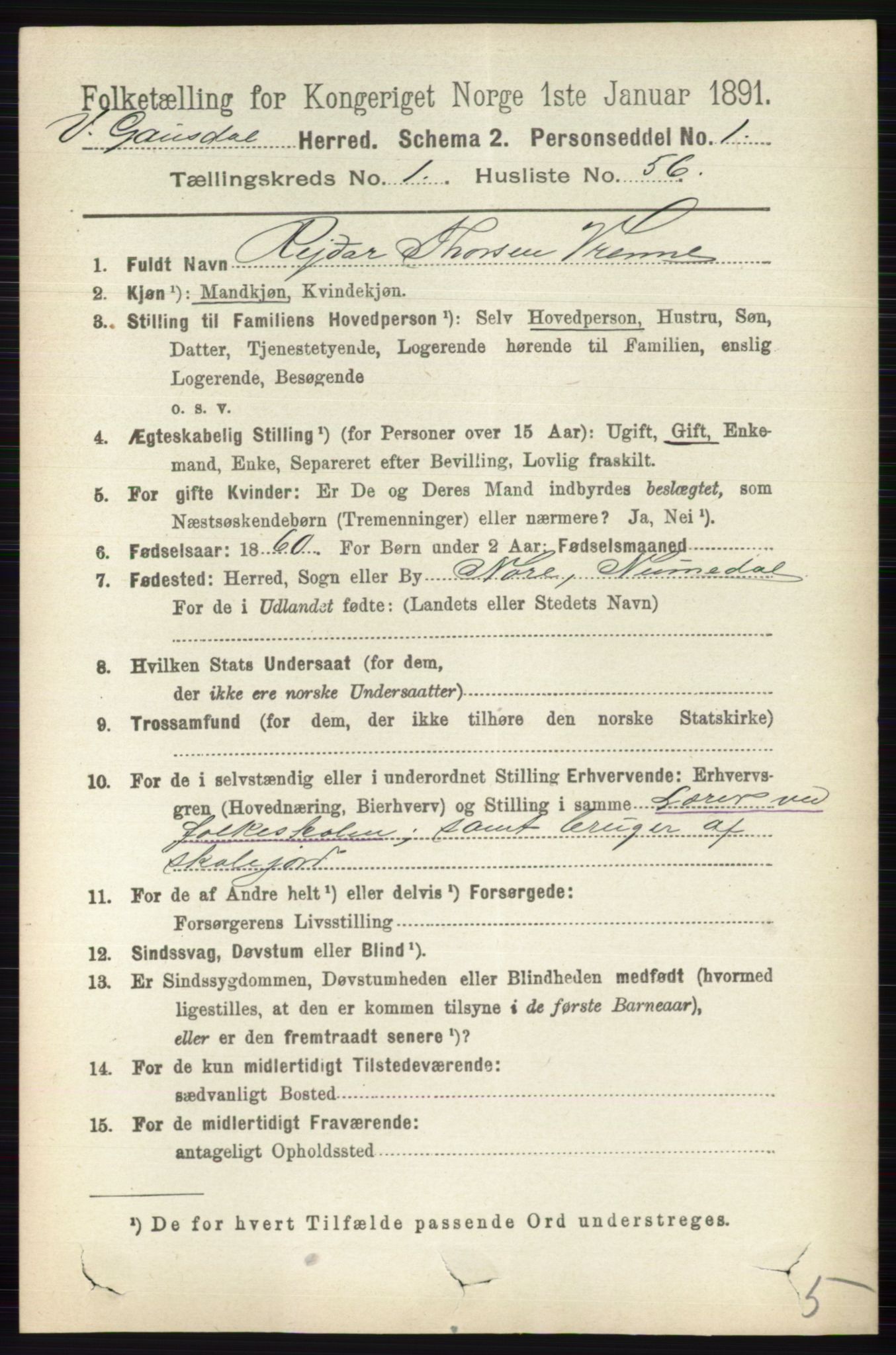 RA, 1891 census for 0523 Vestre Gausdal, 1891, p. 378