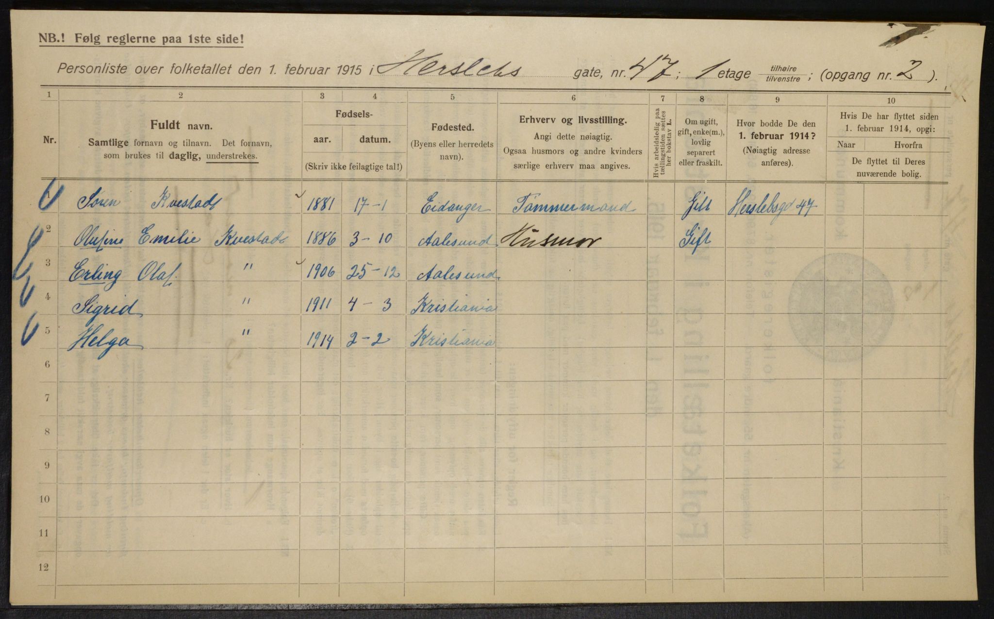 OBA, Municipal Census 1915 for Kristiania, 1915, p. 39436