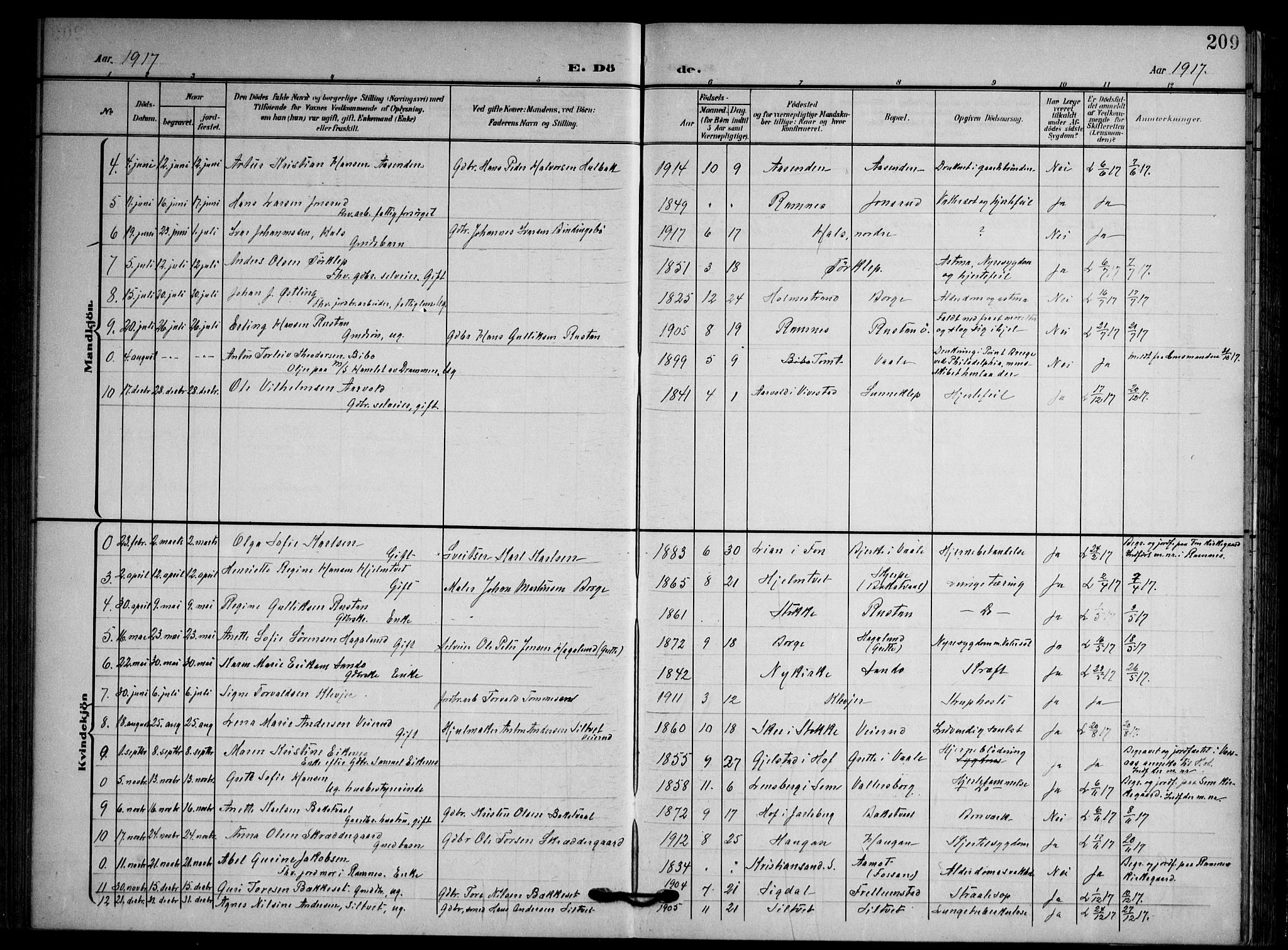 Våle kirkebøker, AV/SAKO-A-334/F/Fa/L0012: Parish register (official) no. I 12, 1907-1934, p. 209