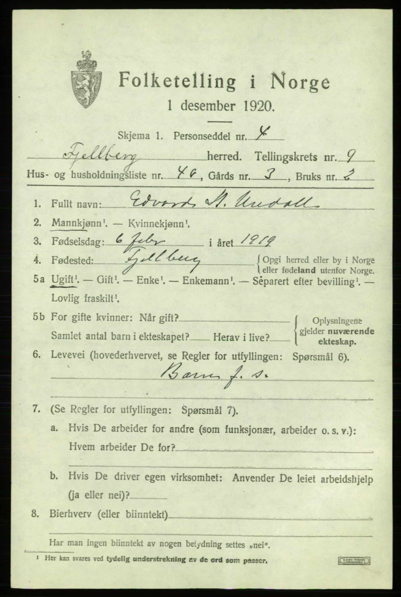 SAB, 1920 census for Fjelberg, 1920, p. 4427