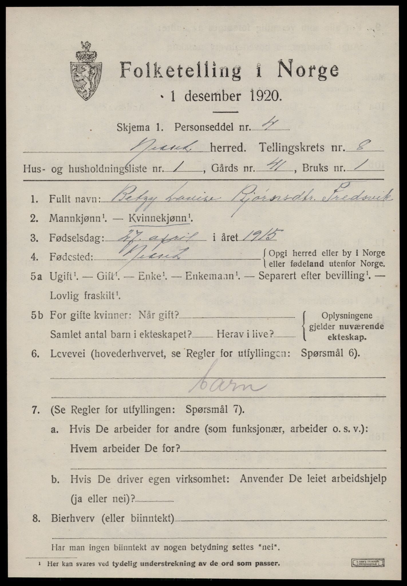 SAT, 1920 census for Nesset, 1920, p. 3476