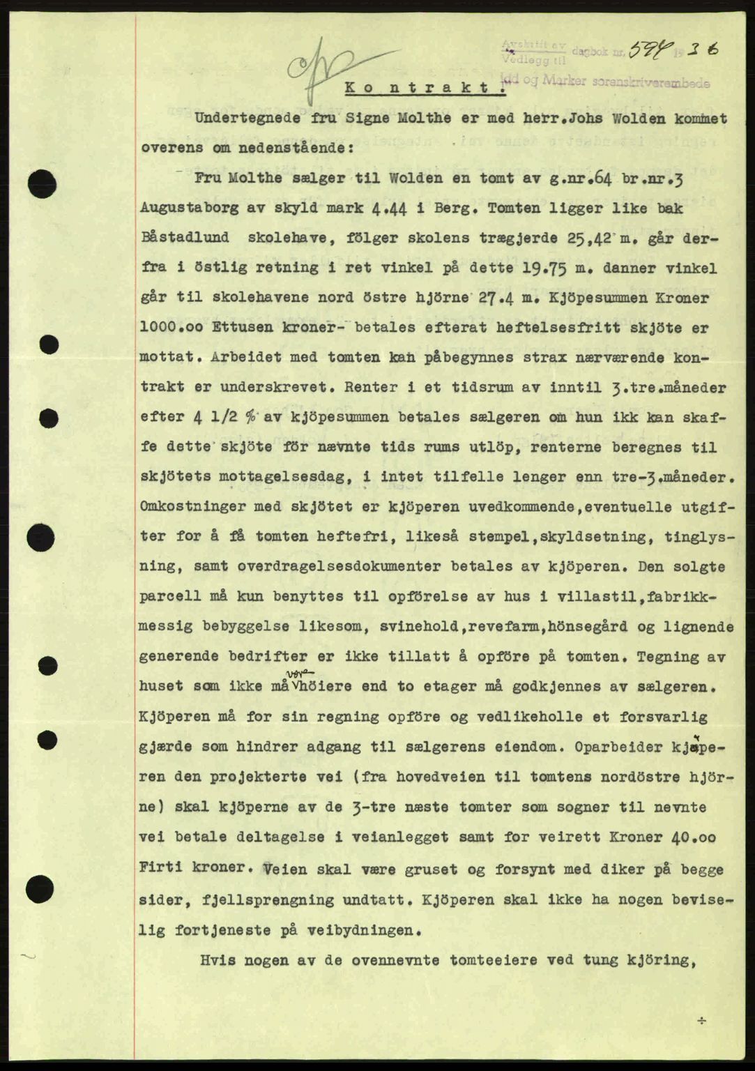 Idd og Marker sorenskriveri, AV/SAO-A-10283/G/Gb/Gbb/L0001: Mortgage book no. A1, 1936-1937, Diary no: : 594/1936