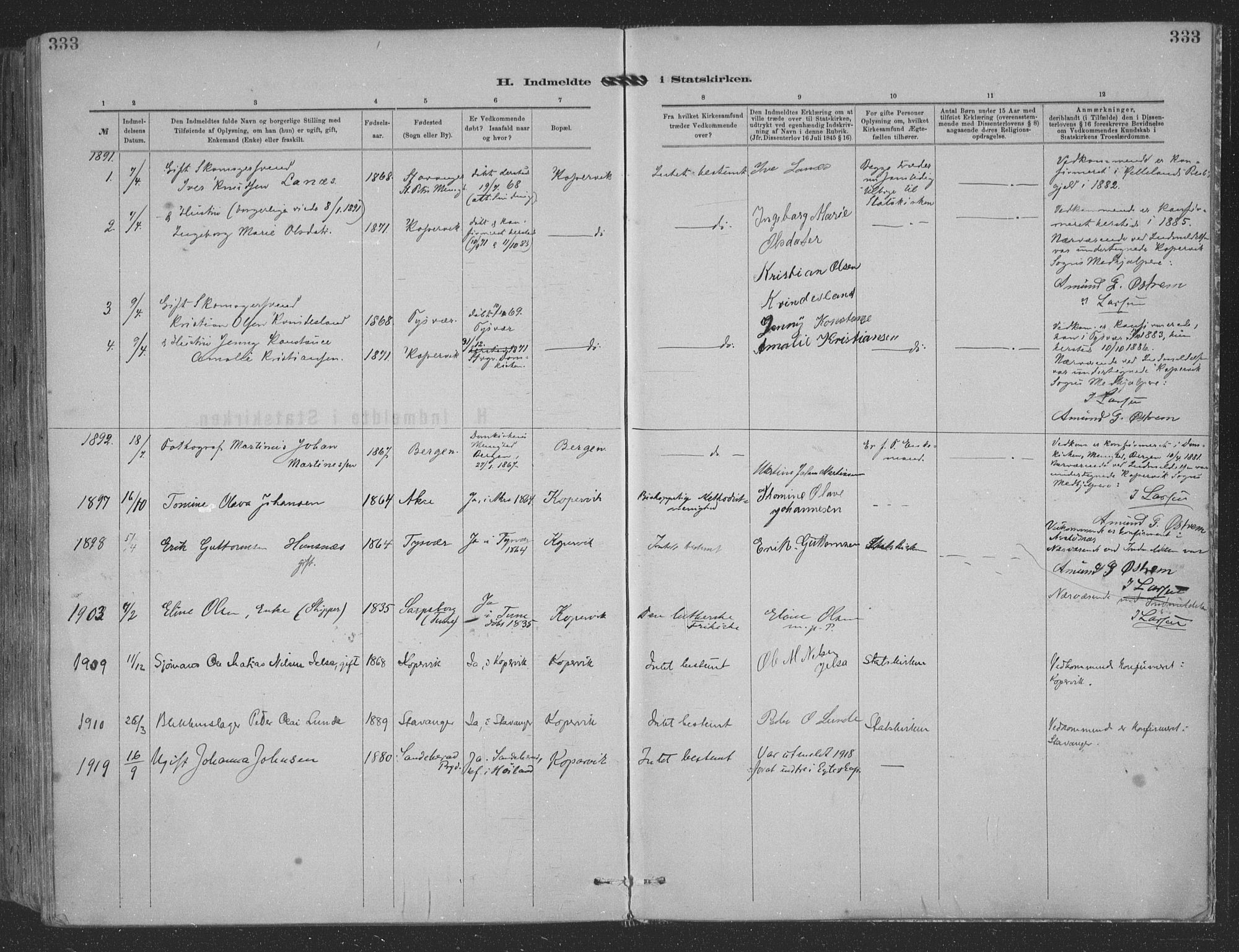 Kopervik sokneprestkontor, SAST/A-101850/H/Ha/Haa/L0001: Parish register (official) no. A 1, 1880-1919, p. 333