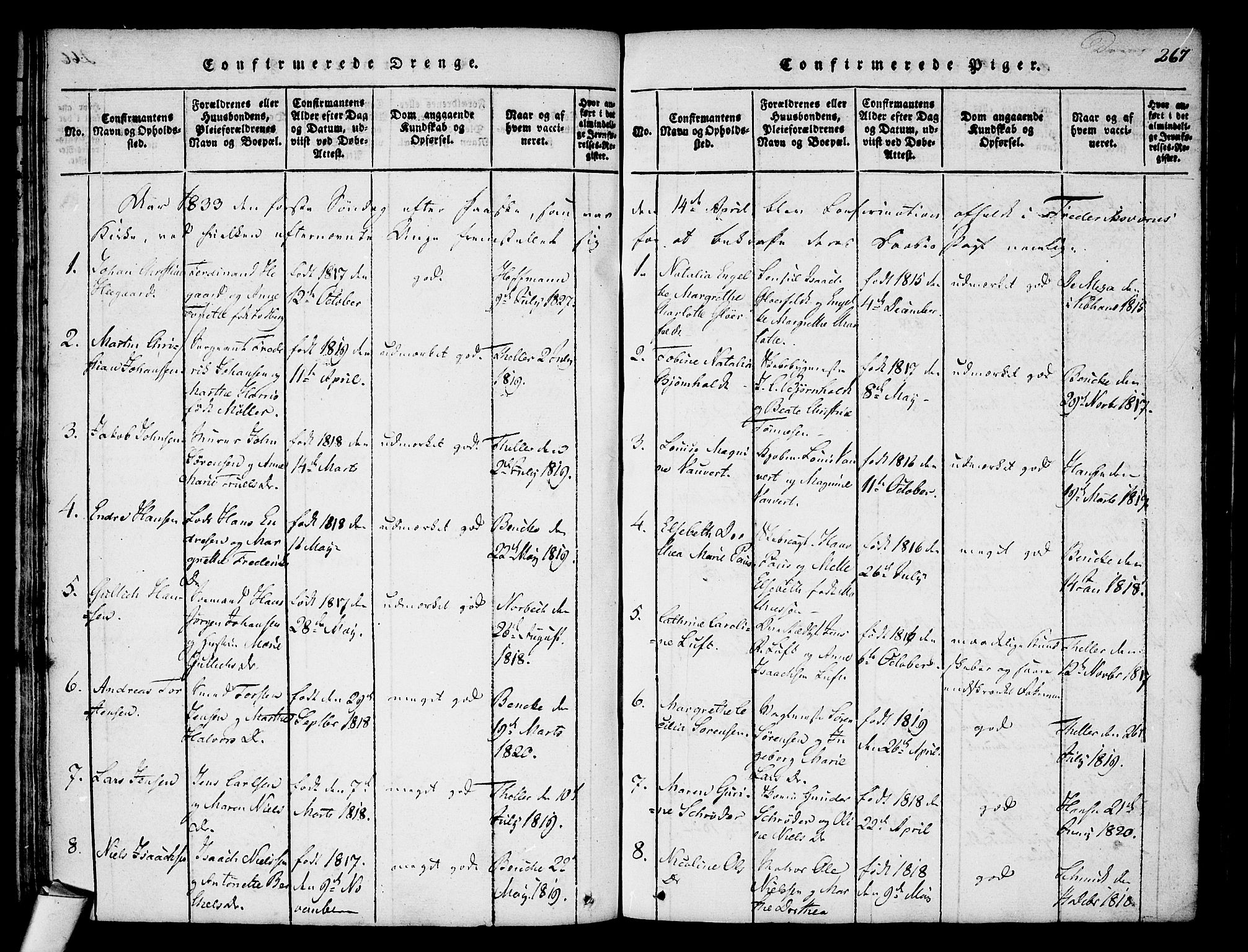 Stavern kirkebøker, AV/SAKO-A-318/F/Fa/L0006: Parish register (official) no. 6, 1816-1839, p. 267