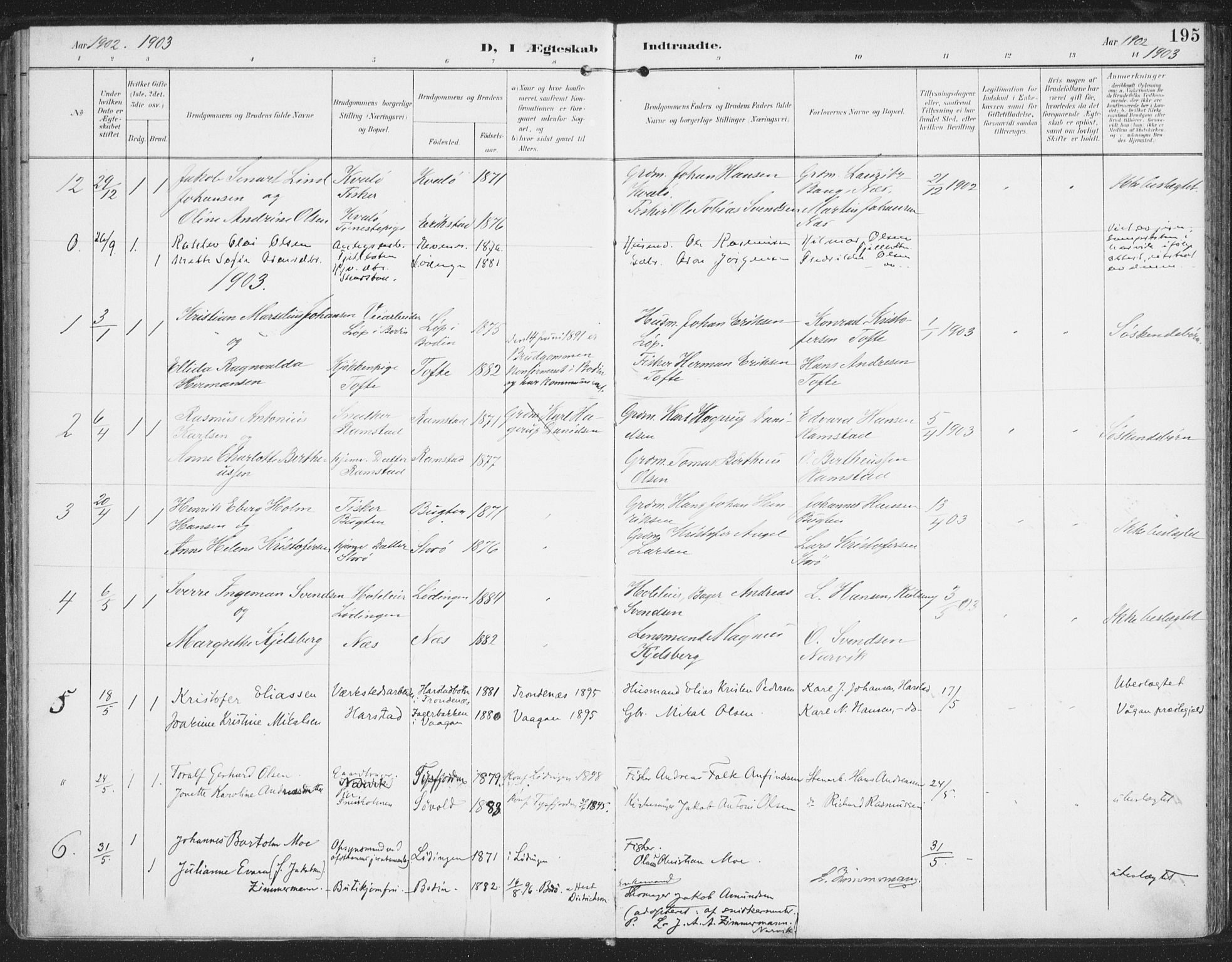 Ministerialprotokoller, klokkerbøker og fødselsregistre - Nordland, AV/SAT-A-1459/872/L1036: Parish register (official) no. 872A11, 1897-1913, p. 195