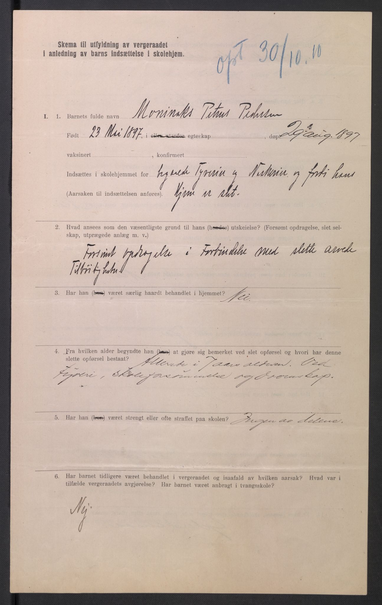 Falstad skolehjem, AV/RA-S-1676/E/Eb/L0010: Elevmapper løpenr. 210-239, 1910-1917, p. 219