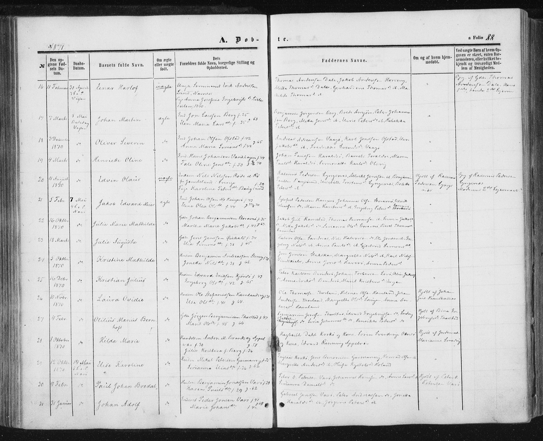 Ministerialprotokoller, klokkerbøker og fødselsregistre - Nord-Trøndelag, SAT/A-1458/784/L0670: Parish register (official) no. 784A05, 1860-1876, p. 88