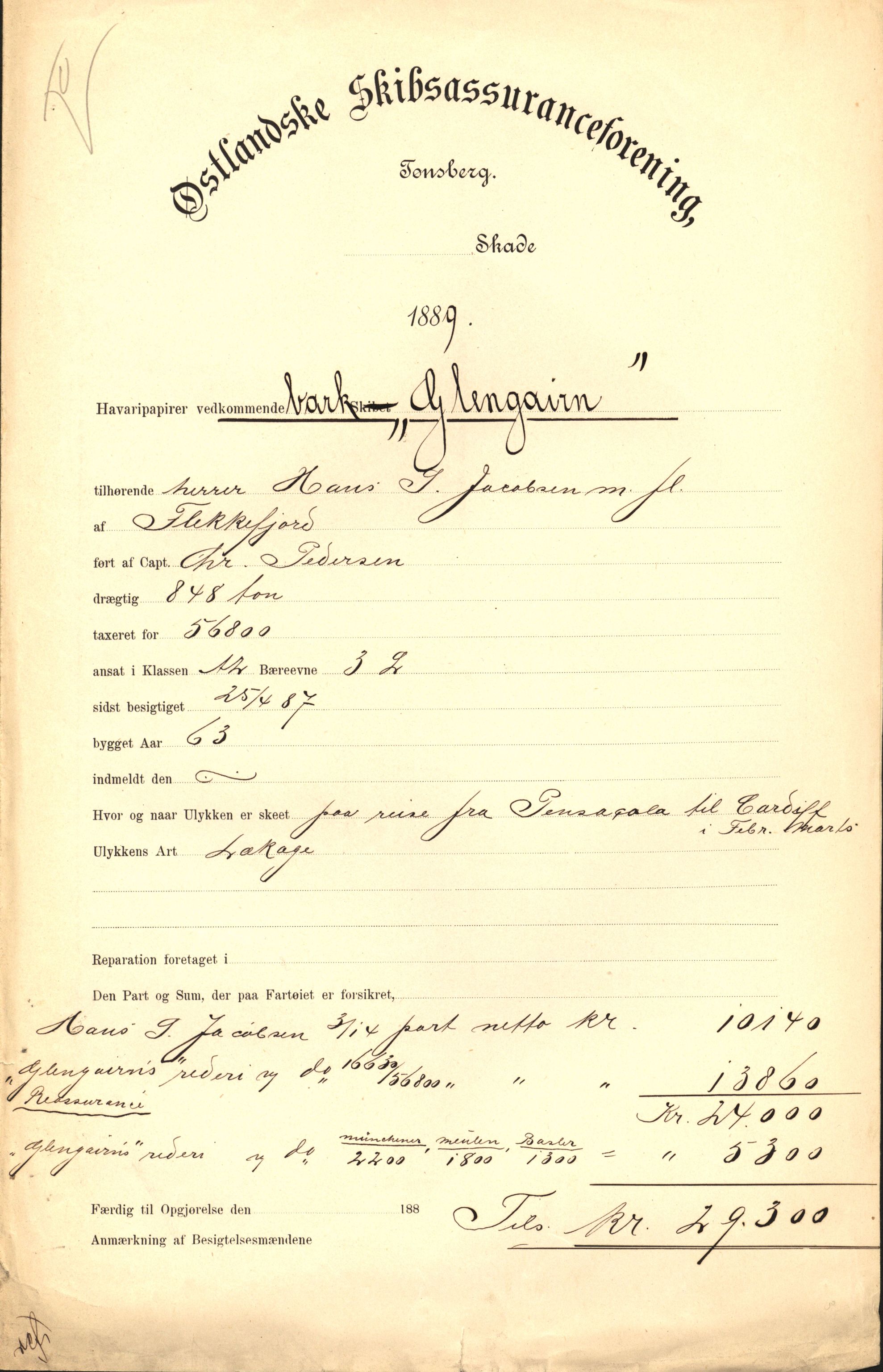 Pa 63 - Østlandske skibsassuranceforening, VEMU/A-1079/G/Ga/L0023/0011: Havaridokumenter / Joanchas, Lympha, Glengarin, Korsvei, Heldine, Sirius, 1889, p. 45