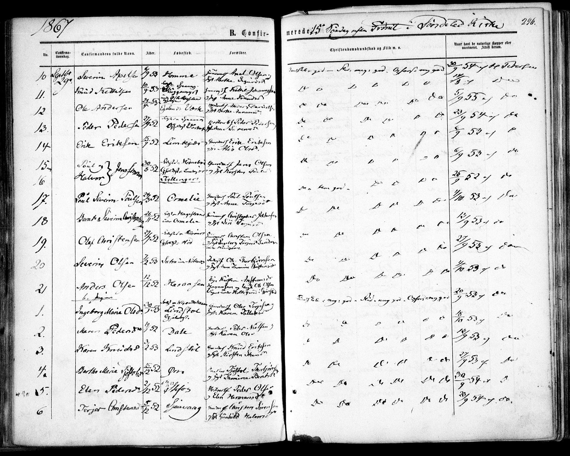 Søndeled sokneprestkontor, SAK/1111-0038/F/Fa/L0003: Parish register (official) no. A 3, 1861-1879, p. 296