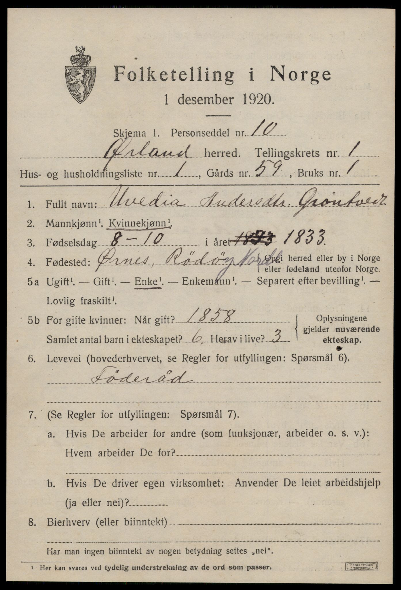 SAT, 1920 census for Ørland, 1920, p. 1361