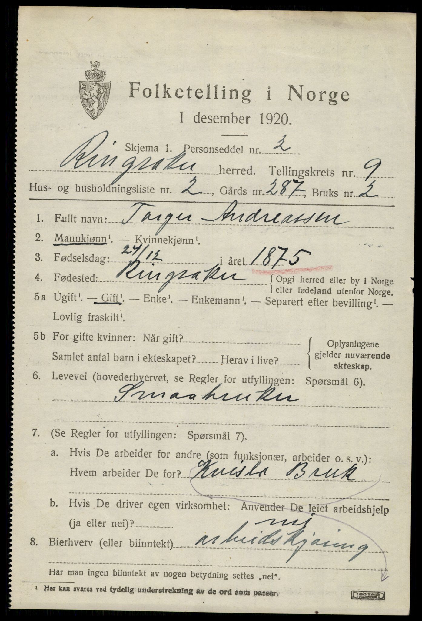 SAH, 1920 census for Ringsaker, 1920, p. 18072