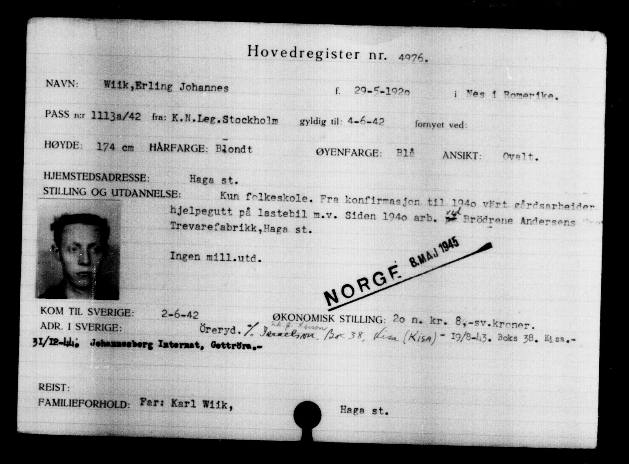 Utenriksstasjonene, Legasjonen i Stockholm, Flyktningkontoret, AV/RA-S-6753/V/Va/L0004: Kjesäterkartoteket, flyktninger med registreringsnr. 3496-6610, 1940-1945, p. 1757