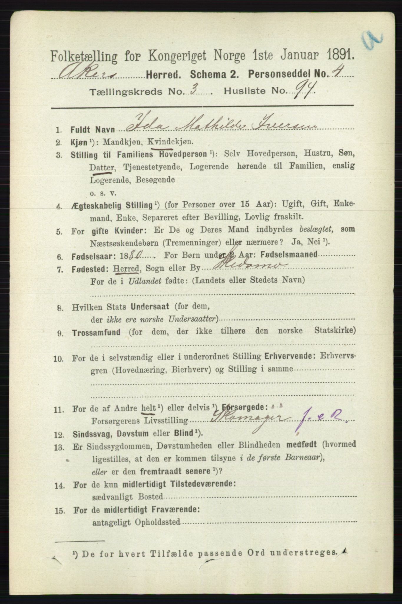 RA, 1891 census for 0218 Aker, 1891, p. 3851