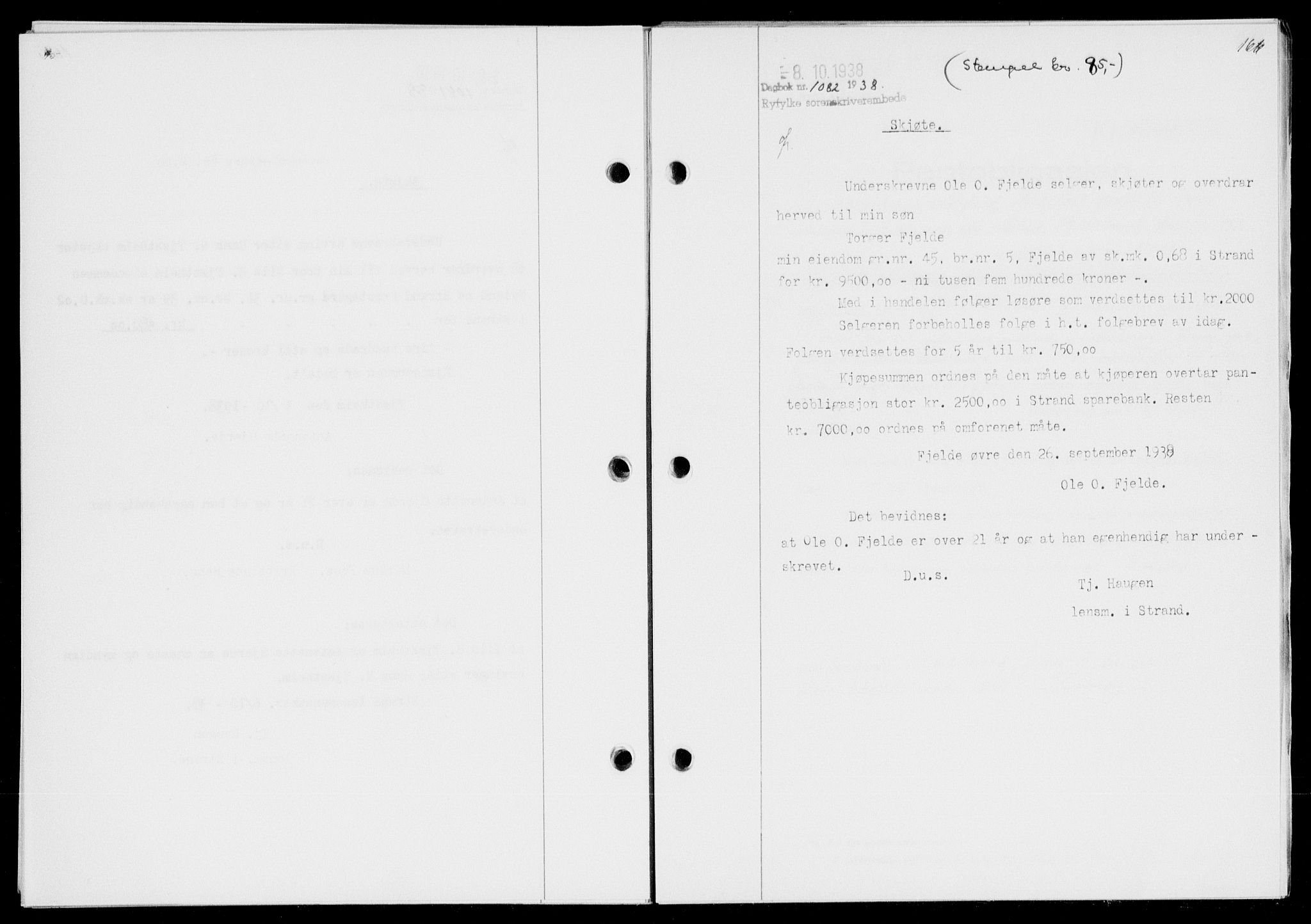 Ryfylke tingrett, SAST/A-100055/001/II/IIB/L0078: Mortgage book no. 57, 1938-1938, Diary no: : 1082/1938