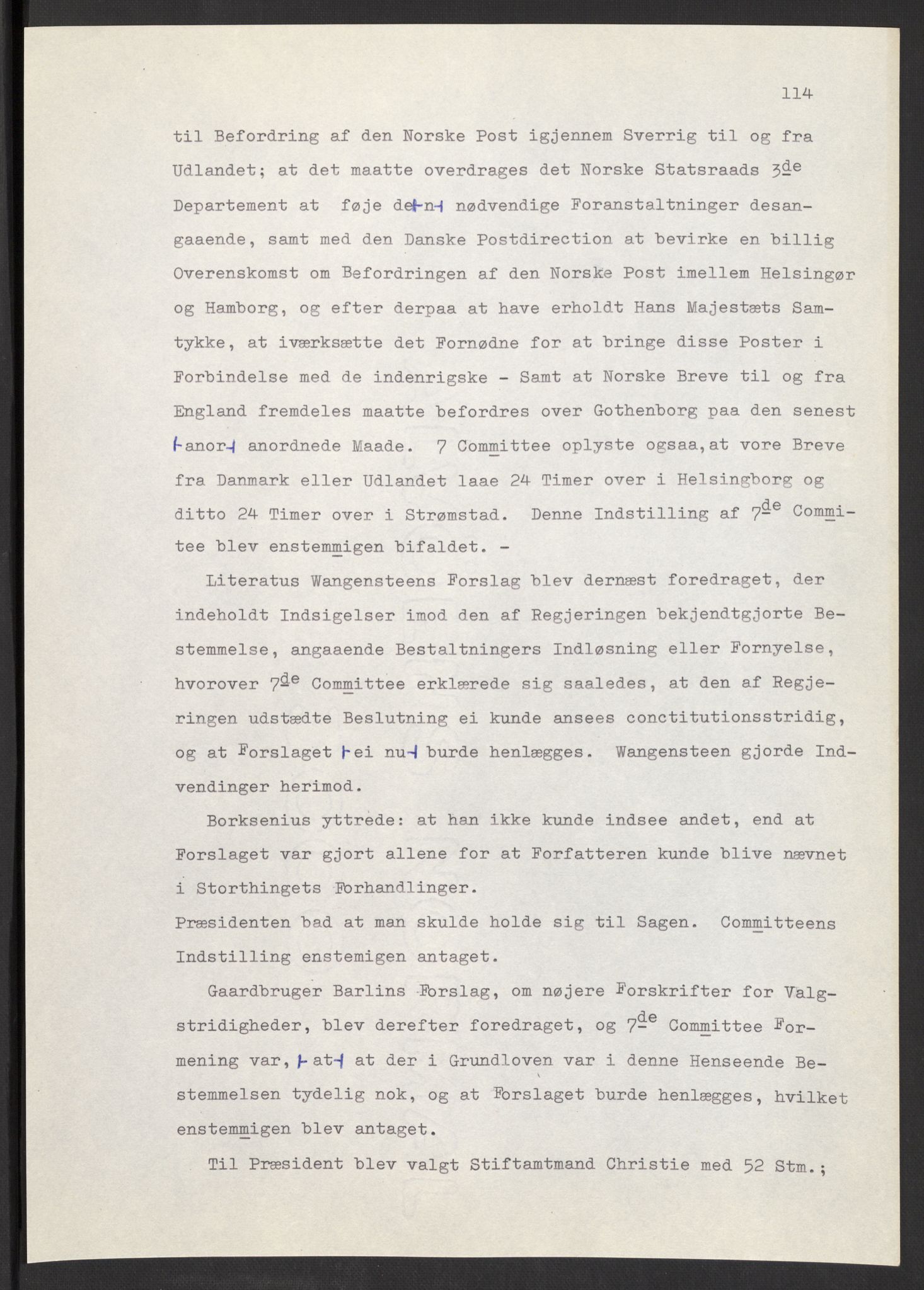 Manuskriptsamlingen, AV/RA-EA-3667/F/L0197: Wetlesen, Hans Jørgen (stortingsmann, ingeniørkaptein); Referat fra Stortinget 1815-1816, 1815-1816, p. 114