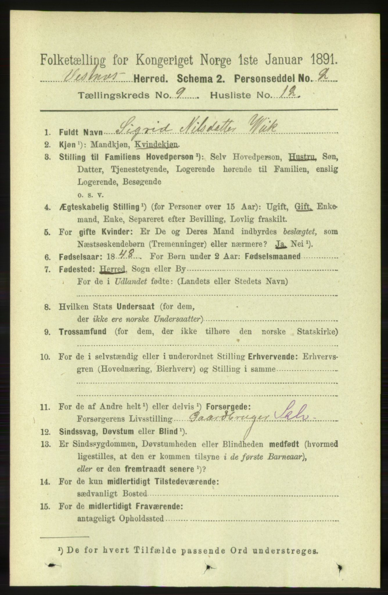 RA, 1891 census for 1535 Vestnes, 1891, p. 3427