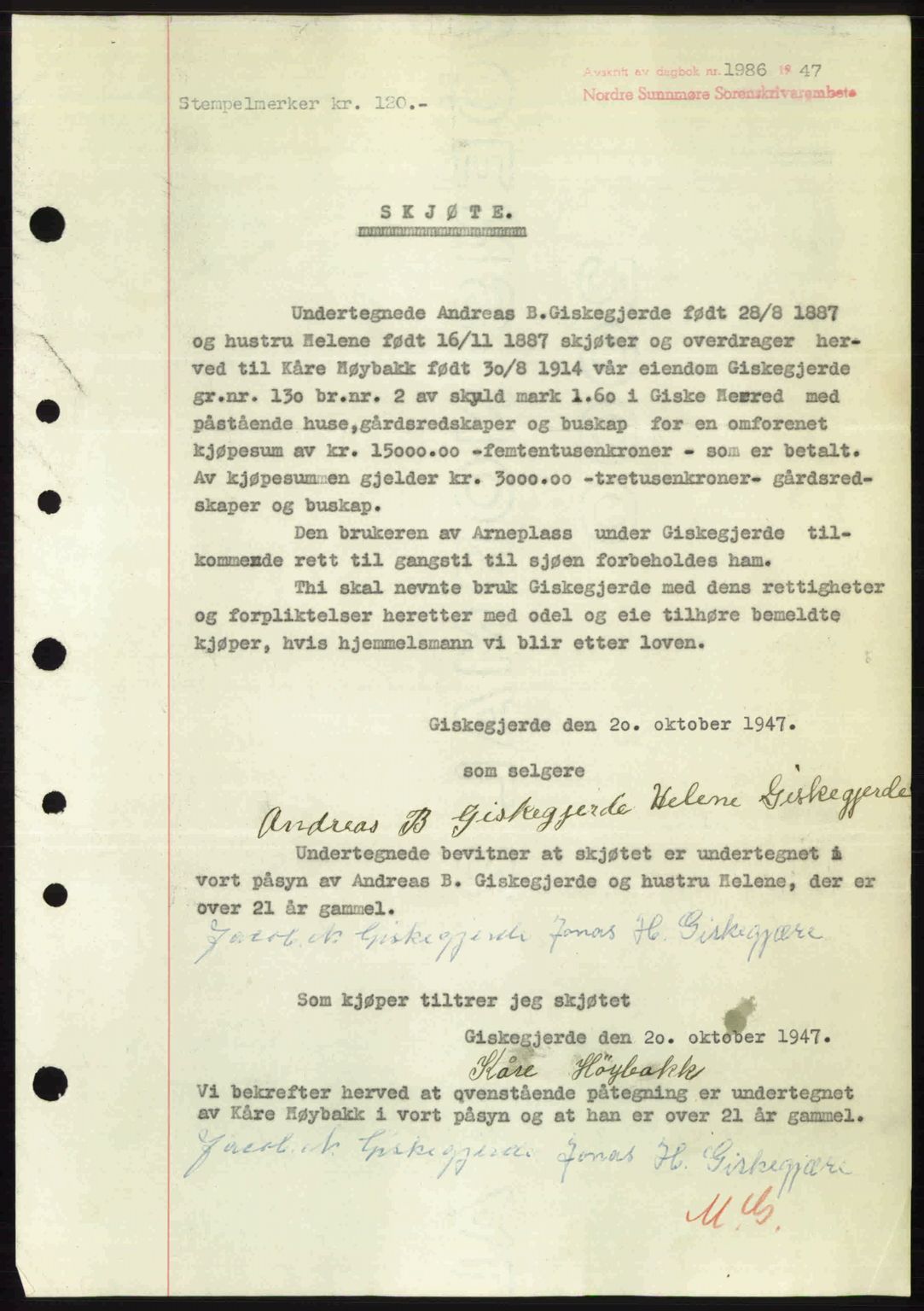 Nordre Sunnmøre sorenskriveri, AV/SAT-A-0006/1/2/2C/2Ca: Mortgage book no. A26, 1947-1948, Diary no: : 1986/1947