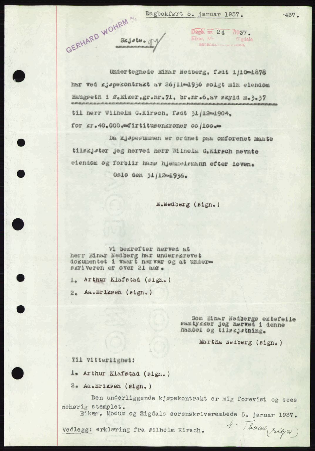 Eiker, Modum og Sigdal sorenskriveri, SAKO/A-123/G/Ga/Gab/L0034: Mortgage book no. A4, 1936-1937, Diary no: : 24/1937