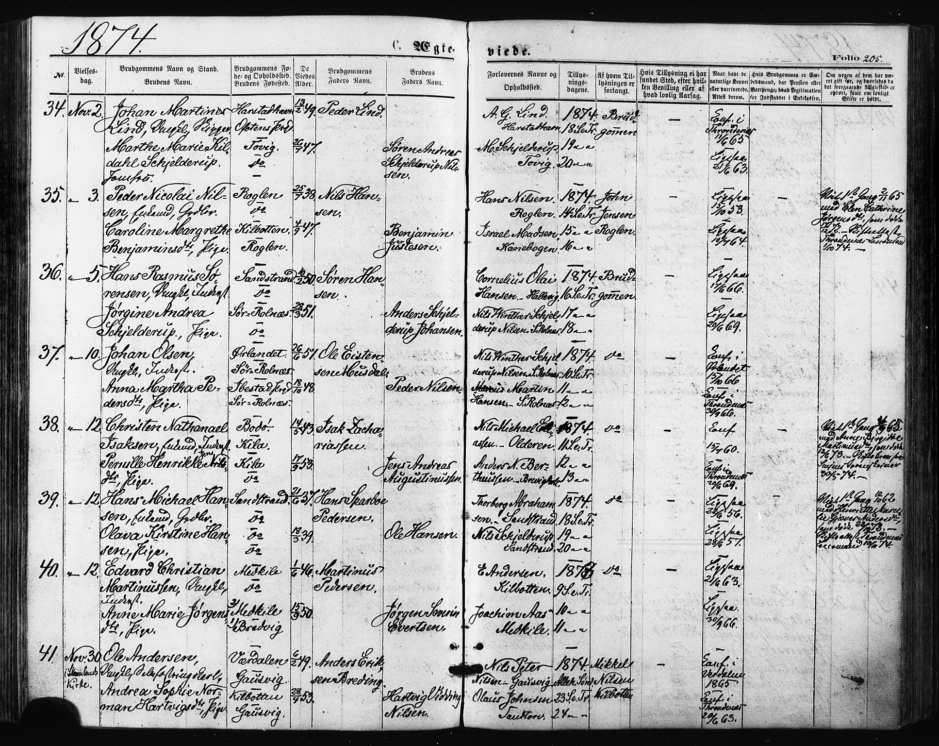 Trondenes sokneprestkontor, AV/SATØ-S-1319/H/Ha/L0013kirke: Parish register (official) no. 13, 1870-1878, p. 205