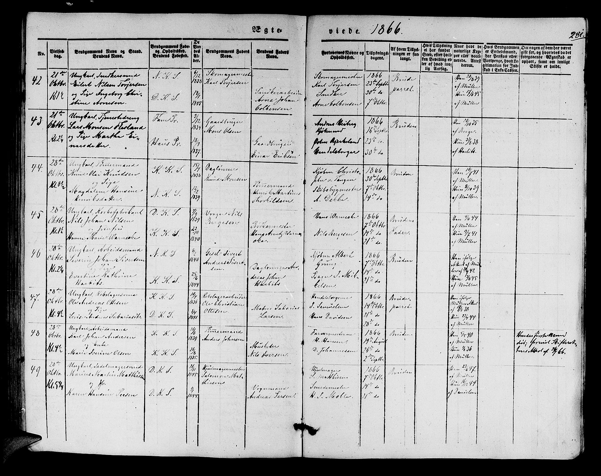 Korskirken sokneprestembete, AV/SAB-A-76101/H/Hab: Parish register (copy) no. D 1, 1840-1867, p. 281